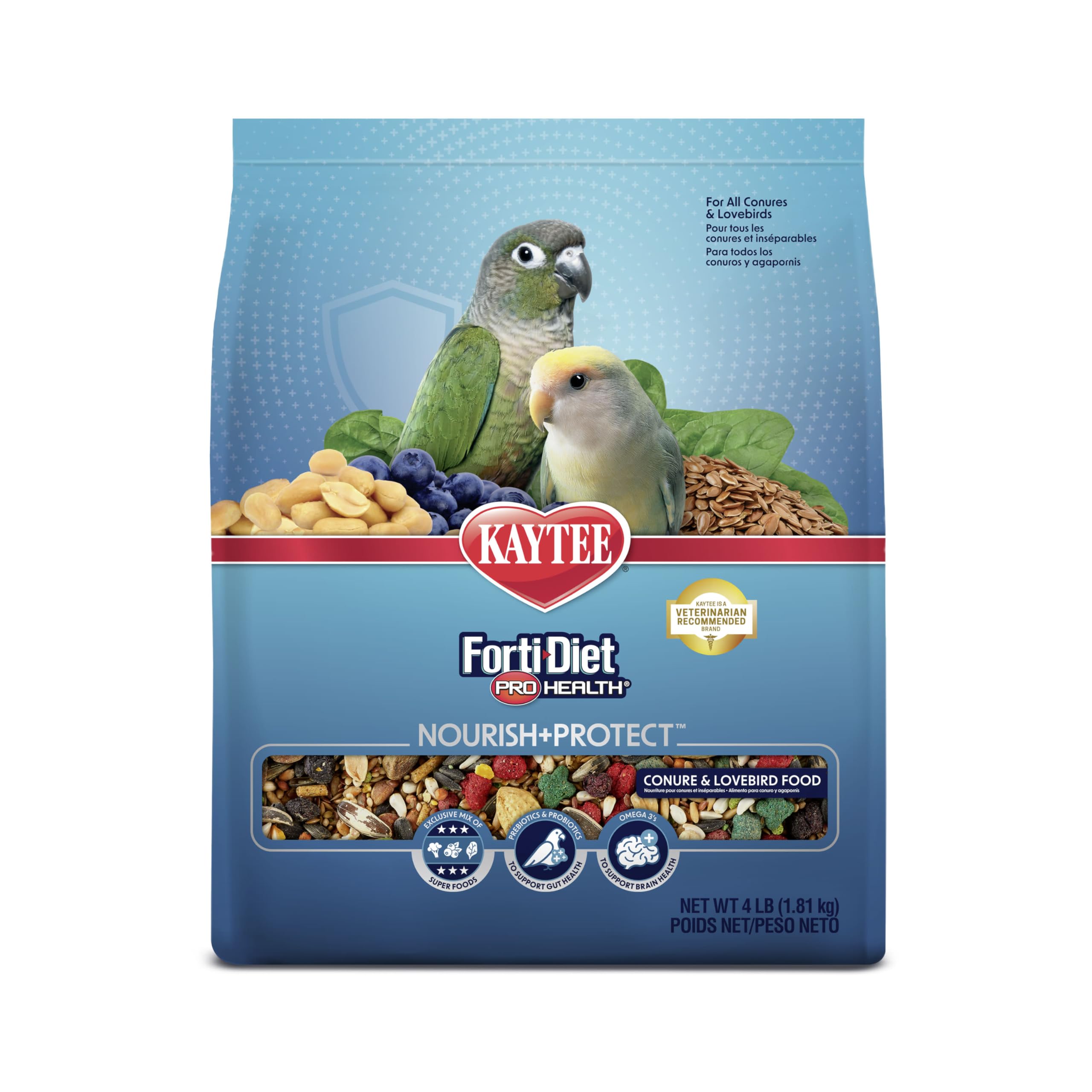 Kaytee Forti-Diet Pro Health pour conure et inséparable dans un bol prêt à nourrir.
