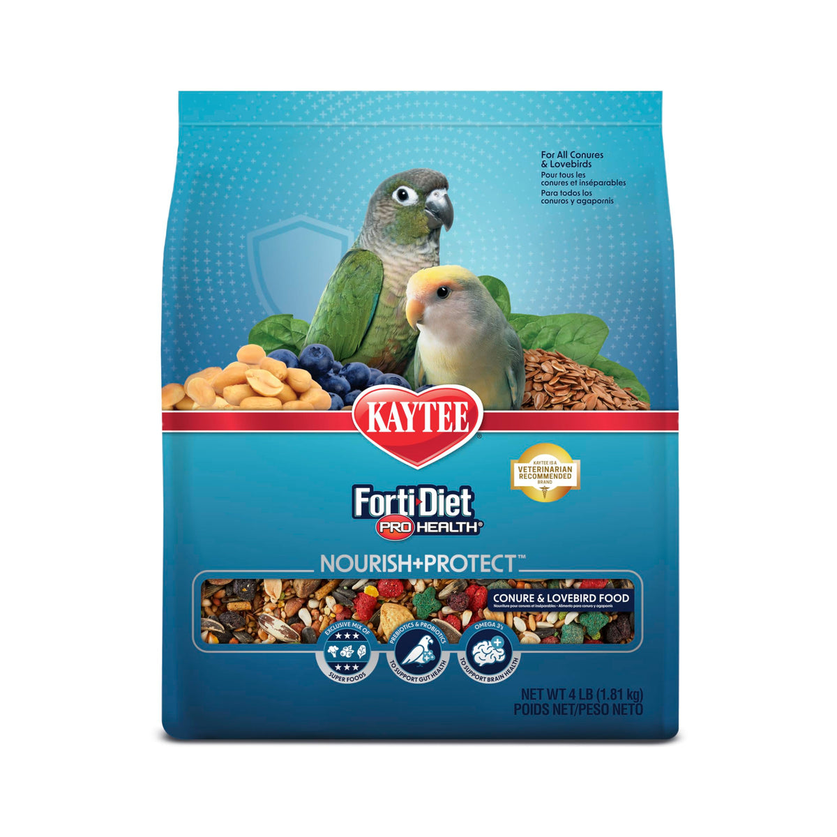 Kaytee Forti-Diet Pro Health pour conure et inséparable dans un bol prêt à nourrir.