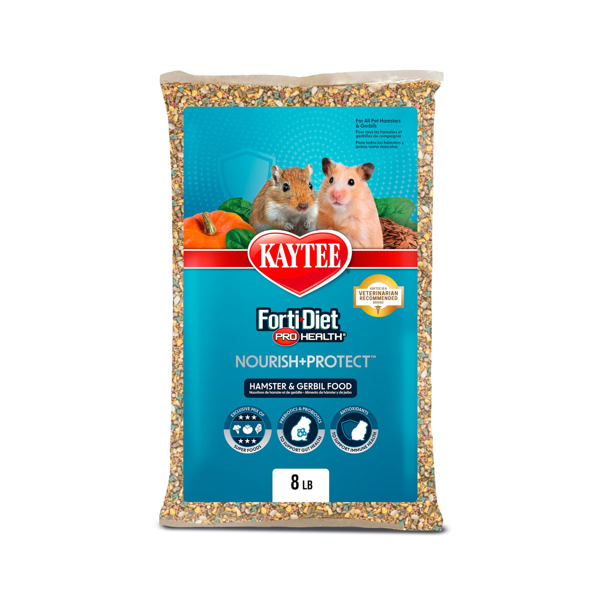 Kaytee Forti-Diet Pro Santé Hamster-Gerbille, emballage visible, présentation équilibrée pour petits animaux.