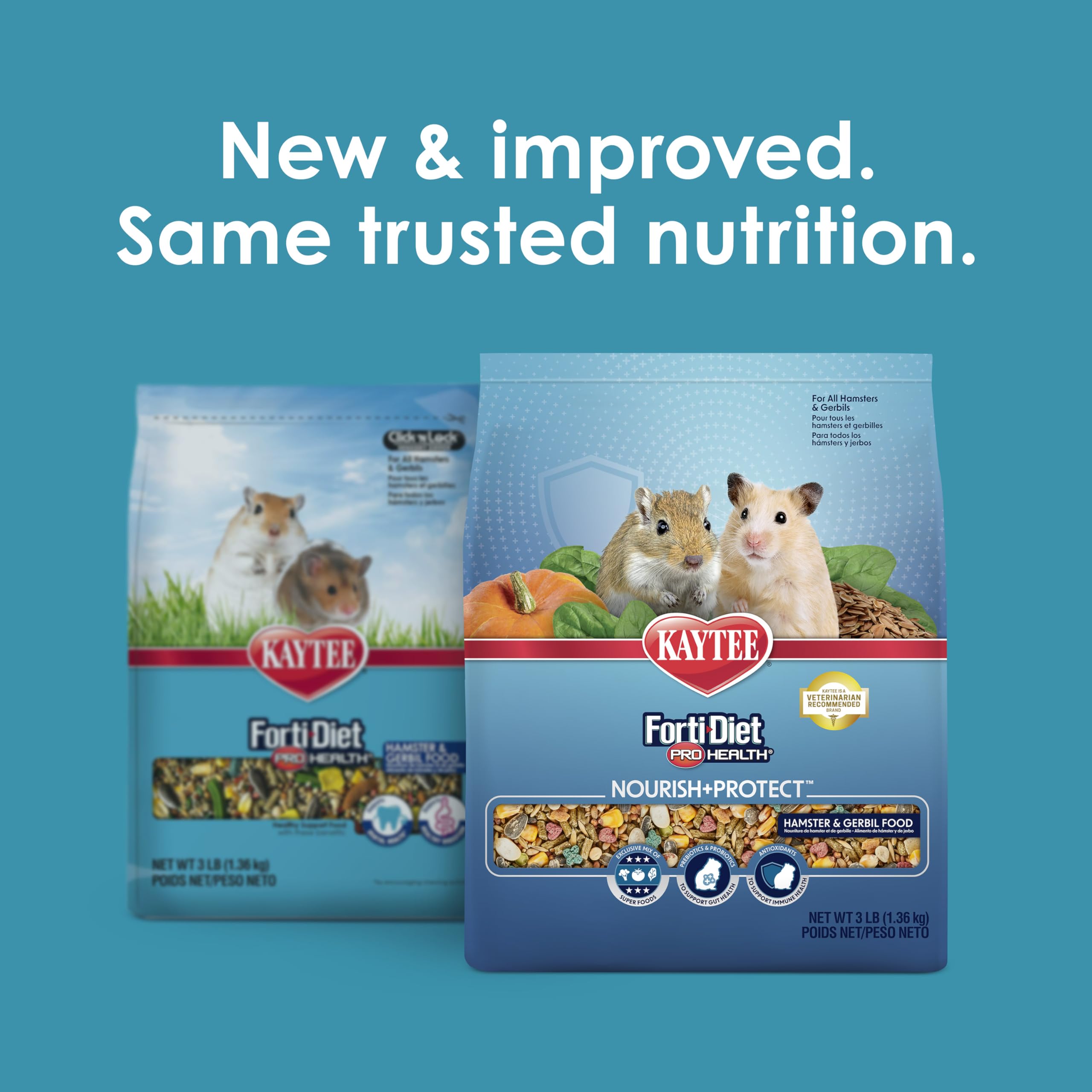 Kaytee Forti-Diet Pro : image des super-aliments lin, citrouille et épinards pour nutriments clés.