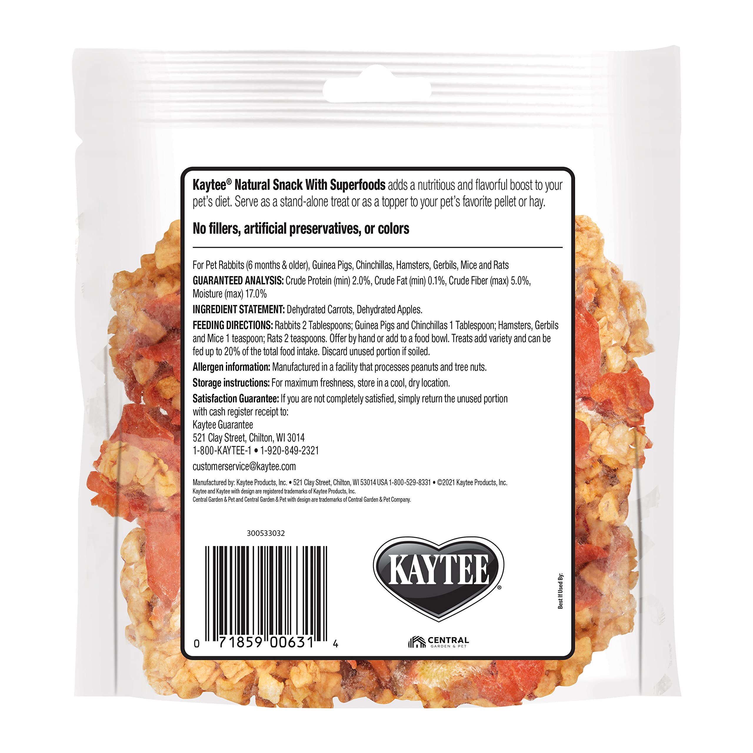 Kaytee Friandise Naturelle Carotte et Pomme favorise le jeu et le lien avec votre animal.