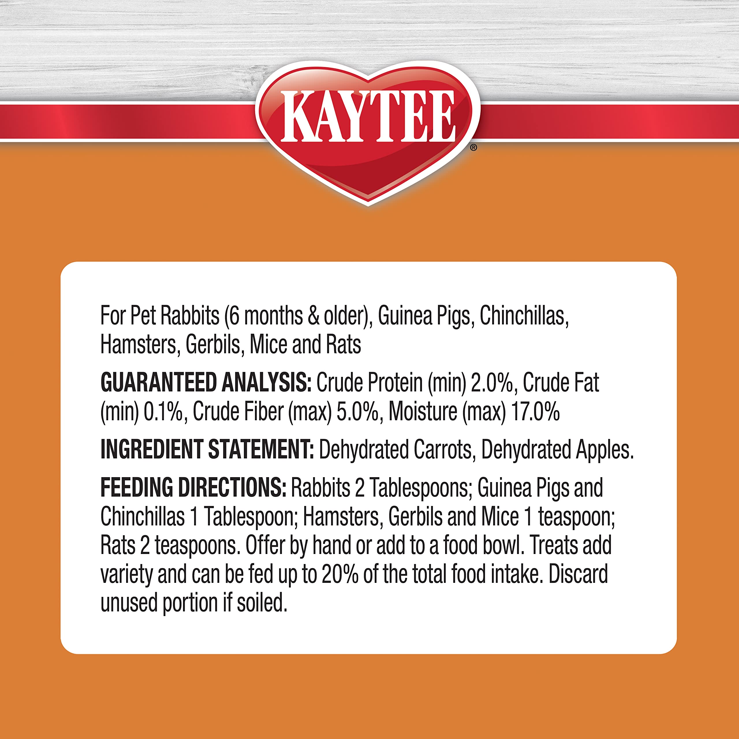 Kaytee Friandise Naturelle Carotte et Pomme convient aux cobayes, lapins et hamsters.