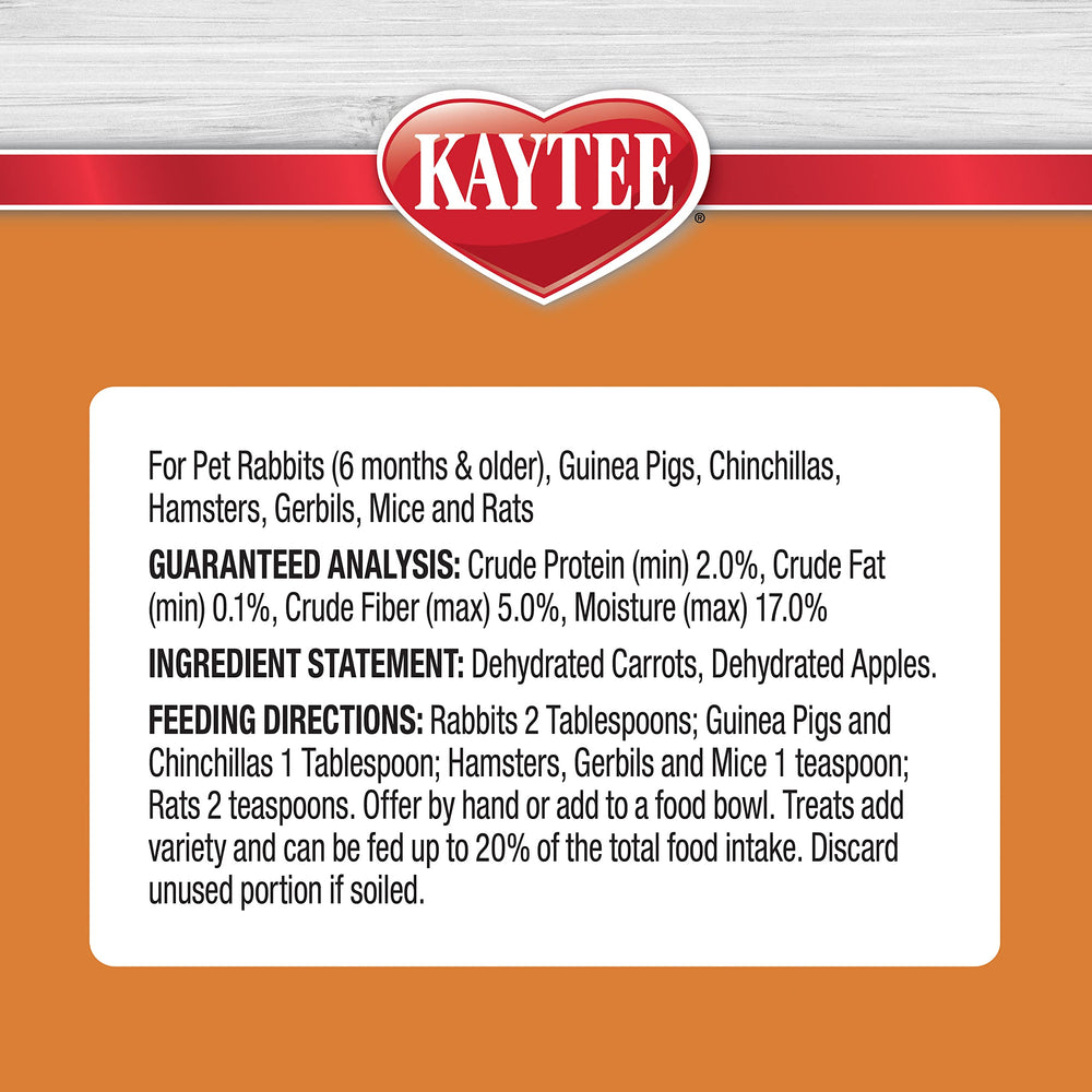 Kaytee Friandise Naturelle Carotte et Pomme convient aux cobayes, lapins et hamsters.