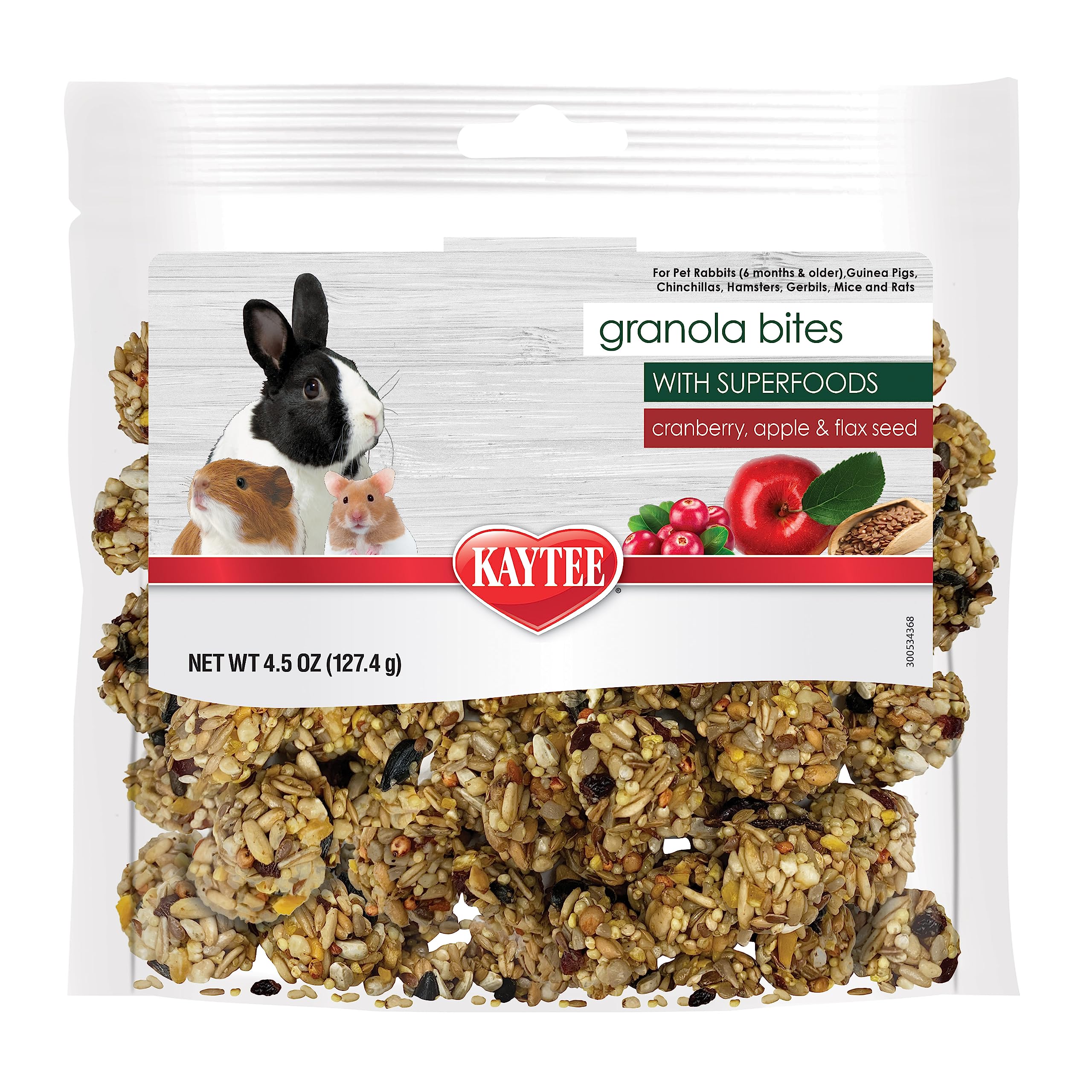 Kaytee Granola Bouchées Cranberry-Pomme-Lin, enrichissement gustatif pour rongeurs.