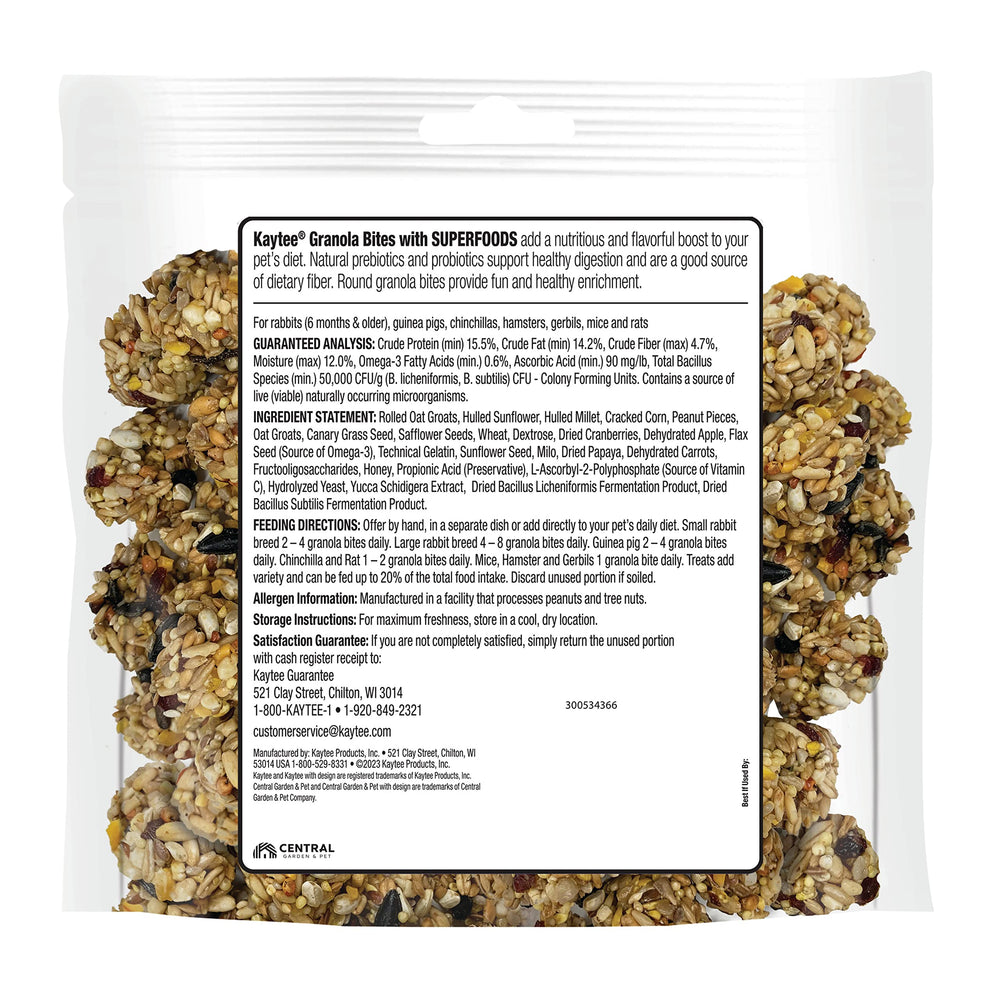 Kaytee Granola Bouchées Cranberry-Pomme-Lin, variété et plaisir pour petits animaux.