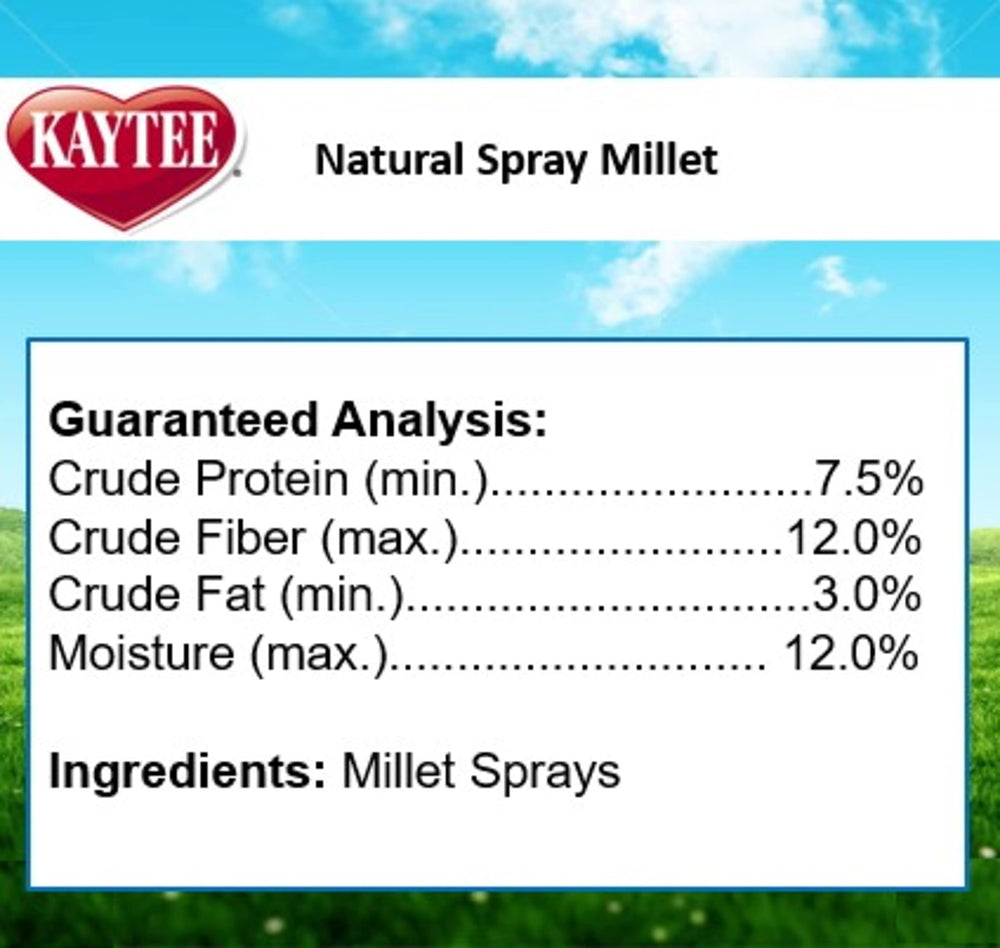 Kaytee Spray Millet sans colorants ni arômes artificiels.