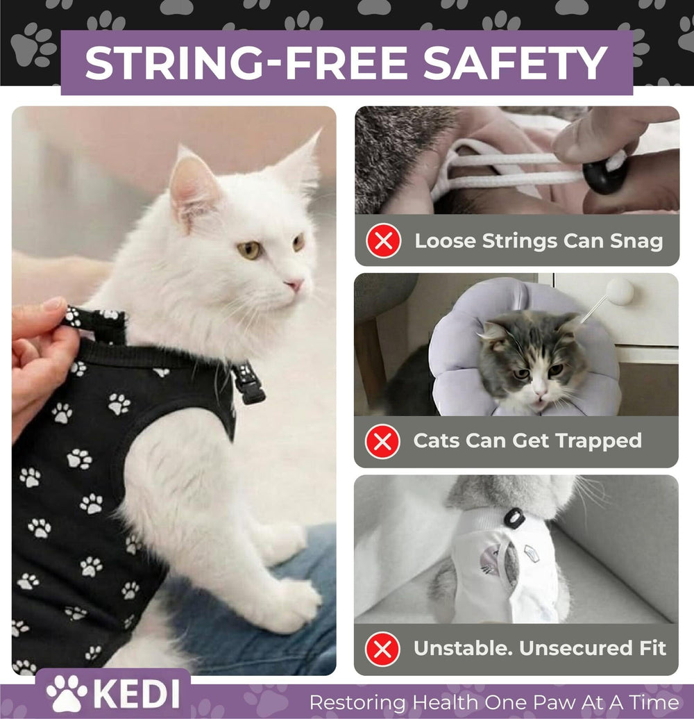 Système d'attache sécurisé sur la combinaison Kedi Cats Solutions pour chat noir.
