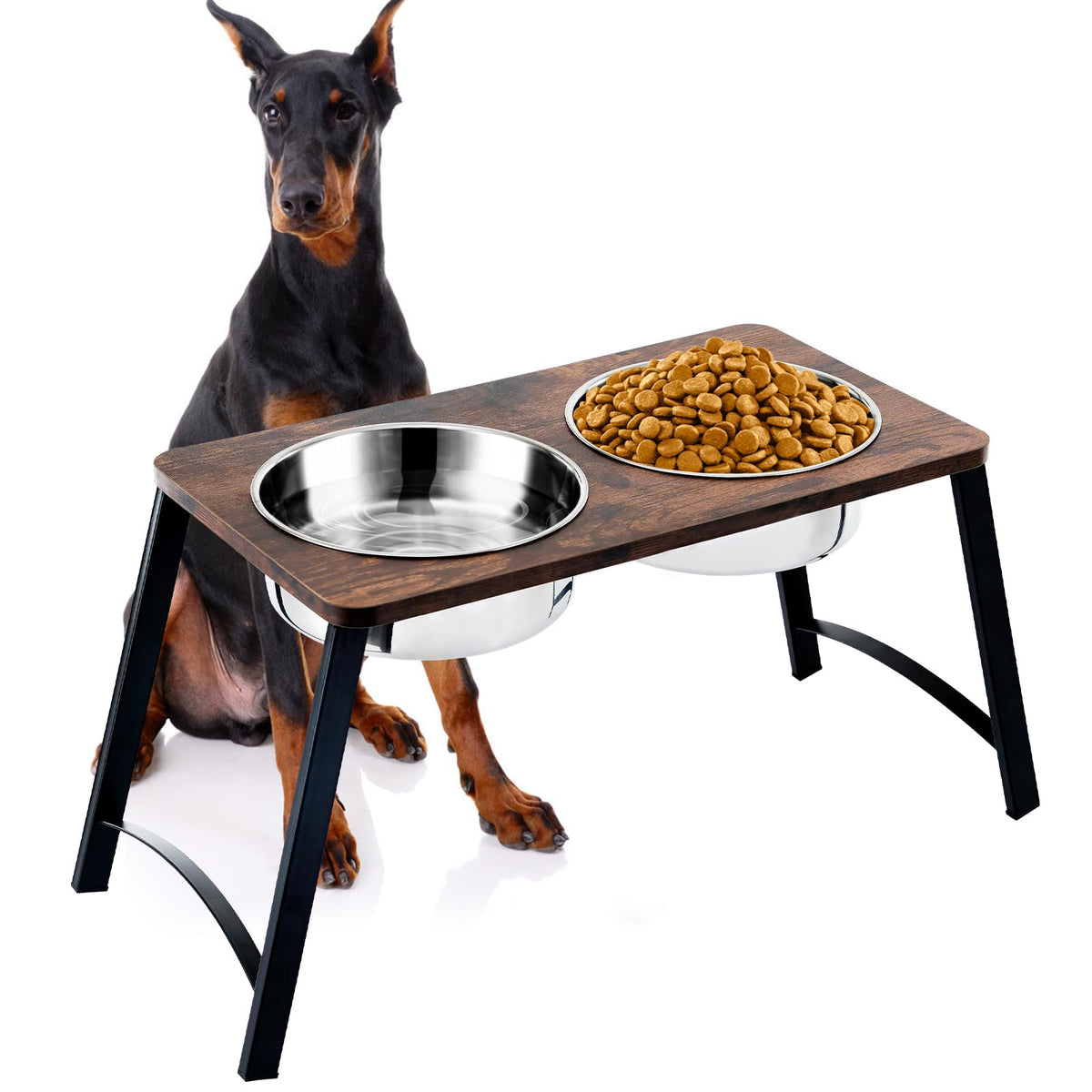 Kevideawl support haut en bois avec bol inox 1700ml, usage surélevé pour manger confortablement.