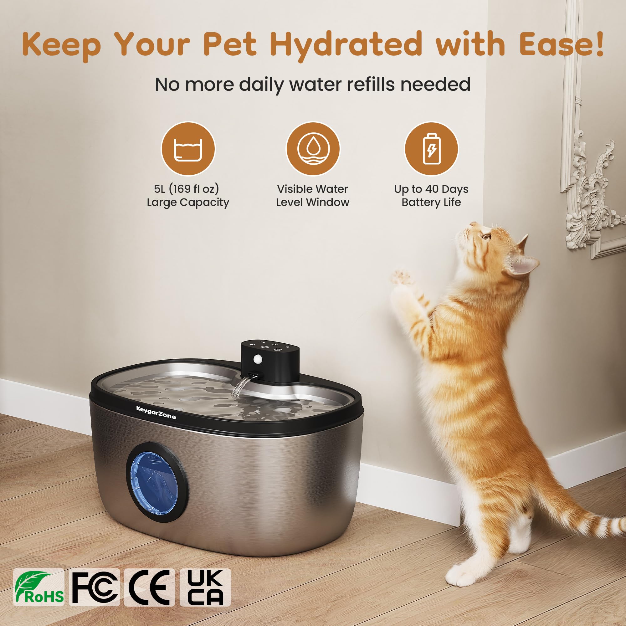 Keygarzone fontaine-eau-chat-demontable-inox-lave-vaisselle — nettoyage facile et hygiénique.
