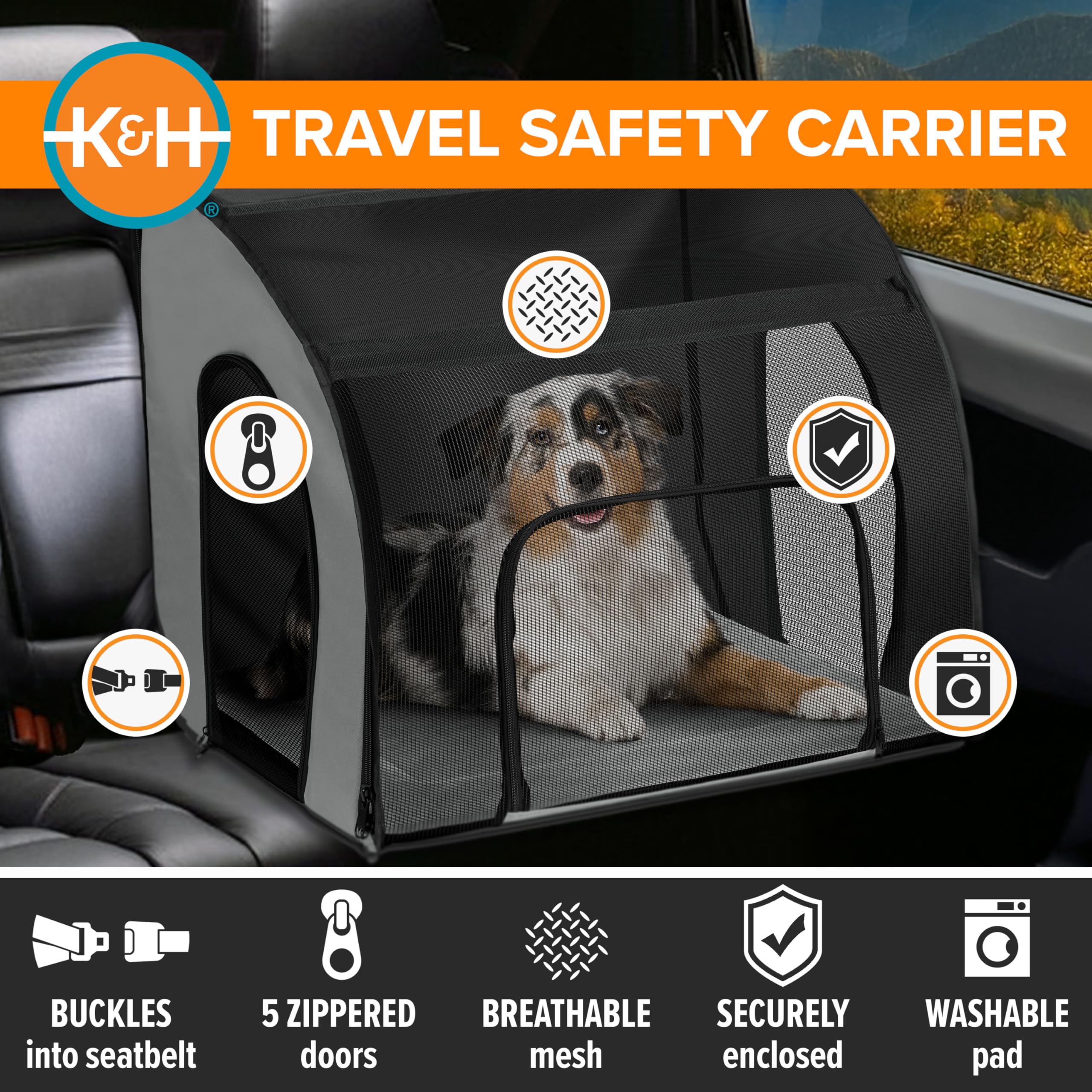 K&H Pet Products fenêtres en maille assurant ventilation et vue pendant le trajet.