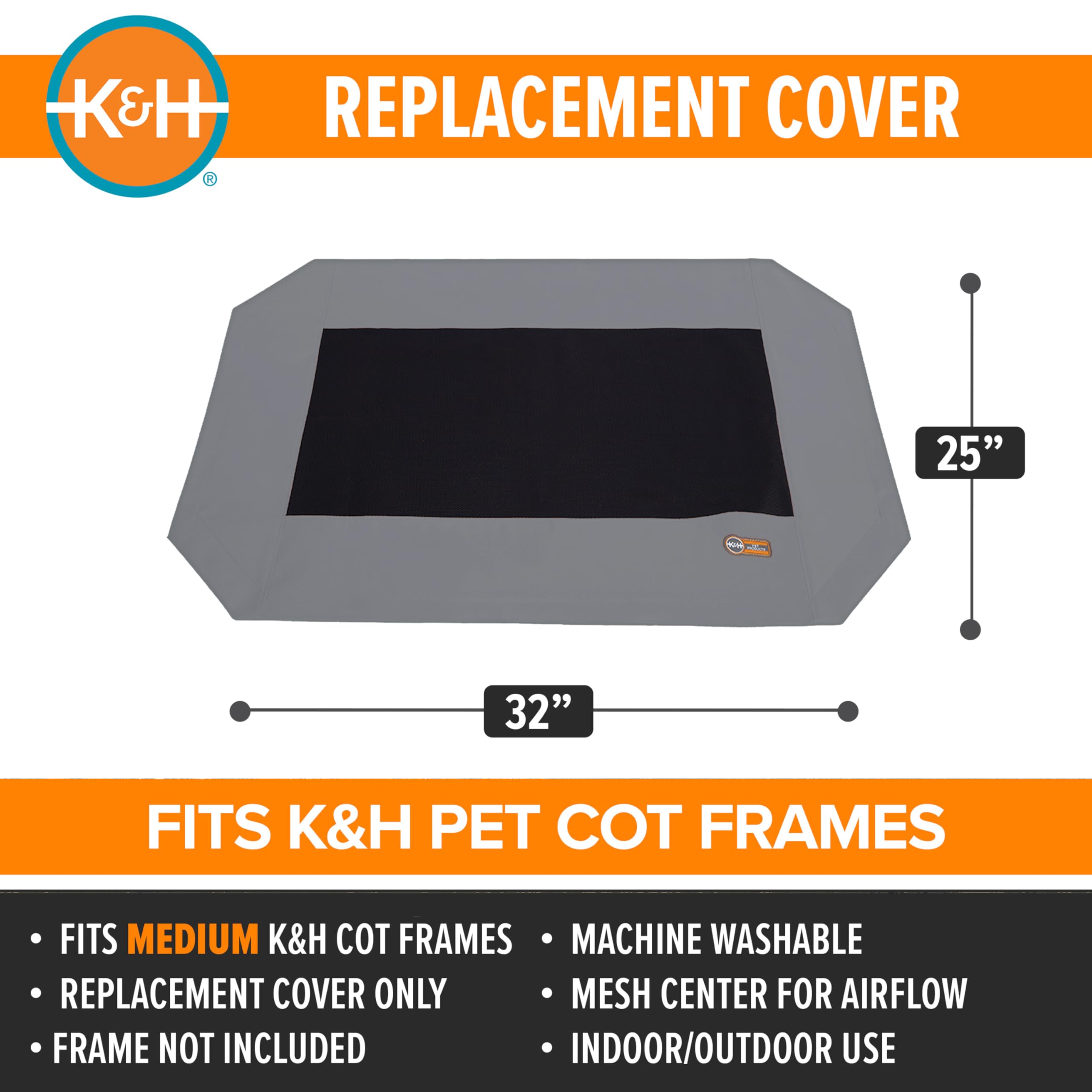 Housse remplacement lit chien moyen 32x25 gris de K&H Pet Cot, facile à laver.