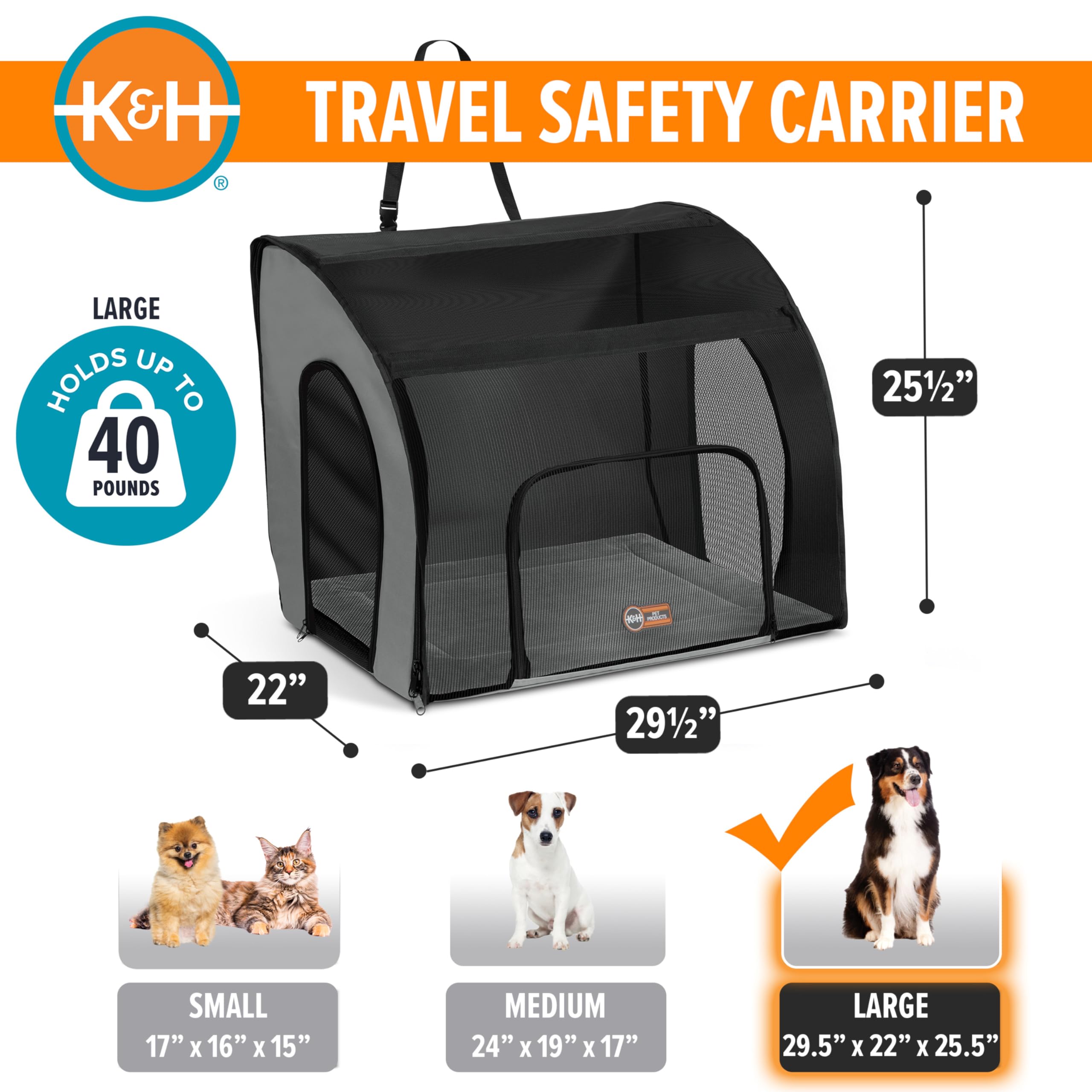 K&H Pet Products siège-auto grand chien, porte droite ouverte, accès facilité.