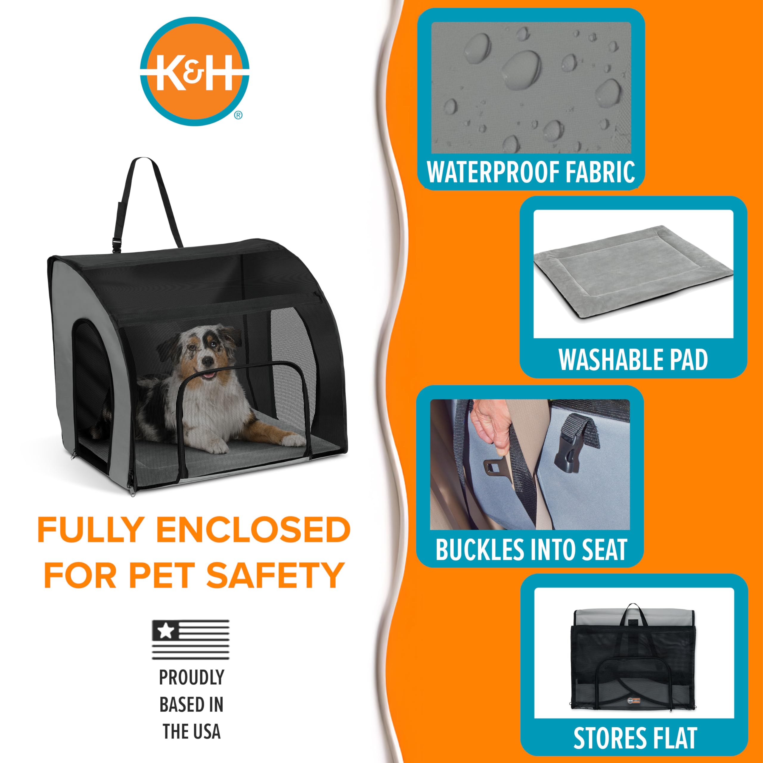 K&H Pet Products siège-auto grand chien, porte frontale zippée pour nourrir sans sortir.