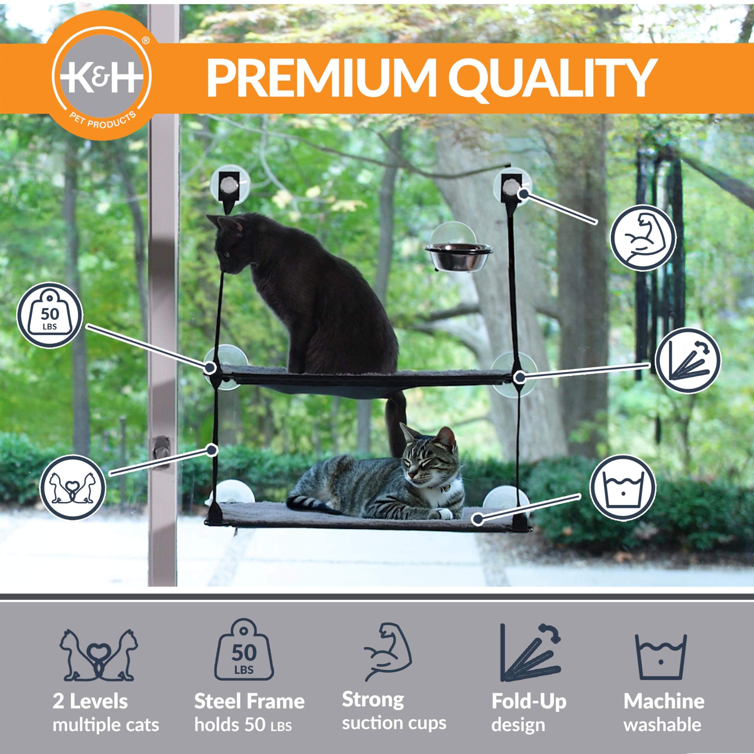 Ventouses robustes du KHP EZ Mount soutenant un chat lourd jusqu'à 50 lb.