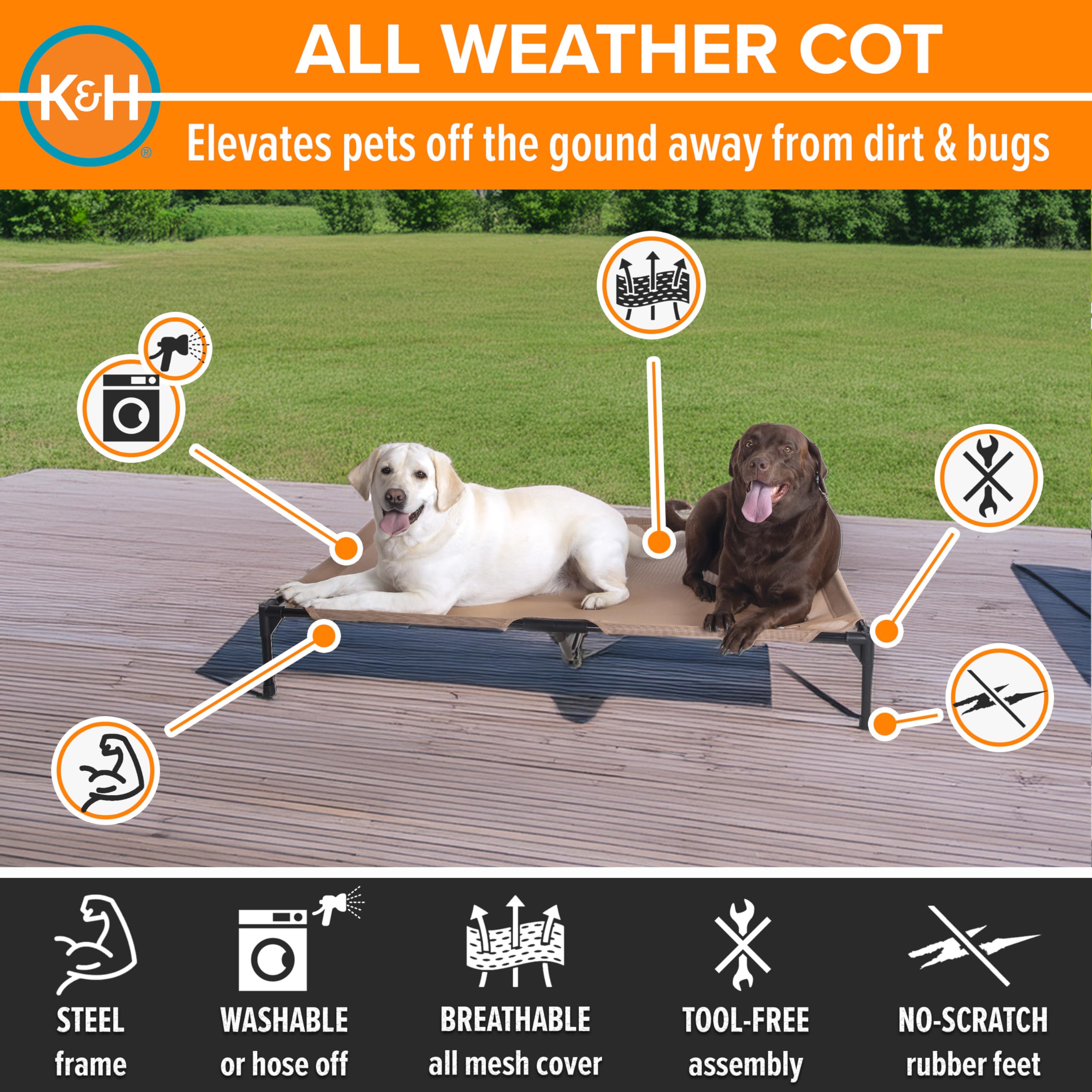 K&H lit chien hamac maillage respirant, idéal pour intérieur et extérieur.