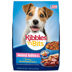 Kibbles 'n Bits Mini Bits – bouchées adaptées pour petites mâchoires, saveur boeuf et poulet.