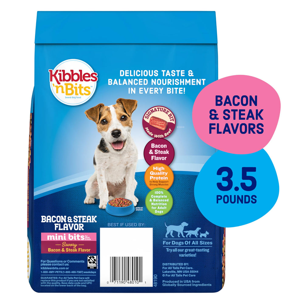 Mini Bits croquettes petit chien bacon steak, repas pratique et appétissant.