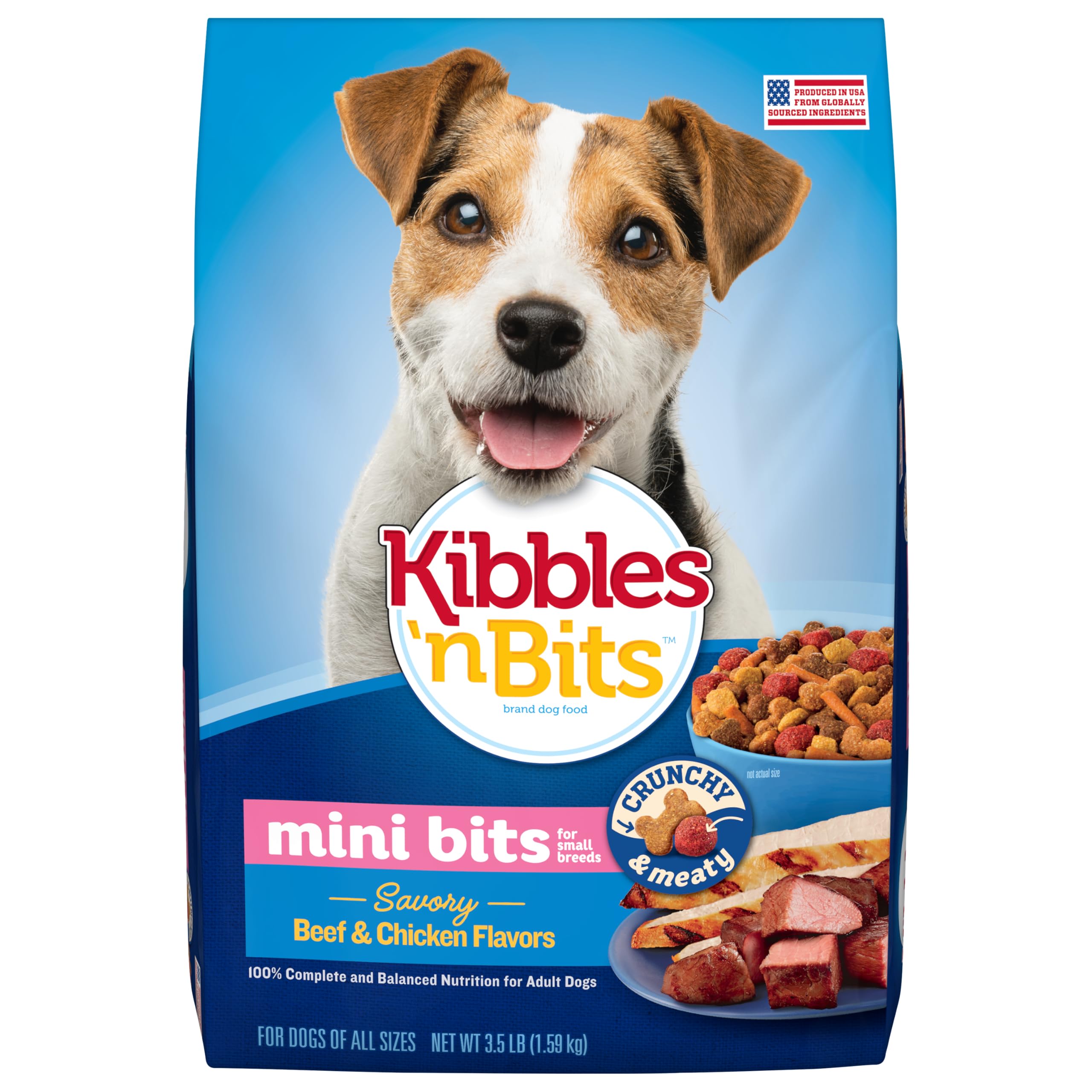 Kibbles 'n Bits Mini Bits – emballage pratique avec quatre sachets de 3,5 lb pour portions quotidiennes.