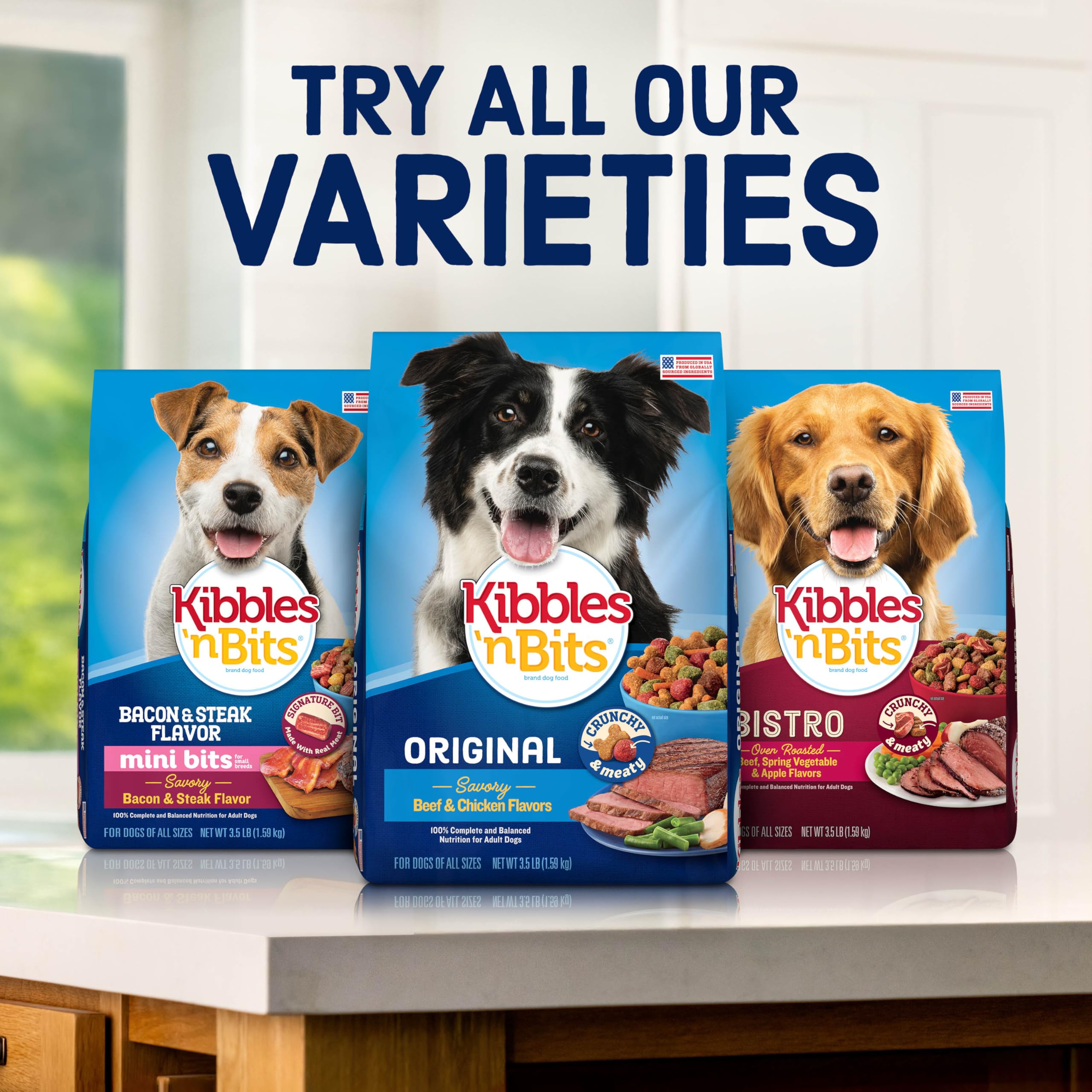 Kibbles 'n Bits Original, saveurs boeuf et poulet appréciées par les chiens.