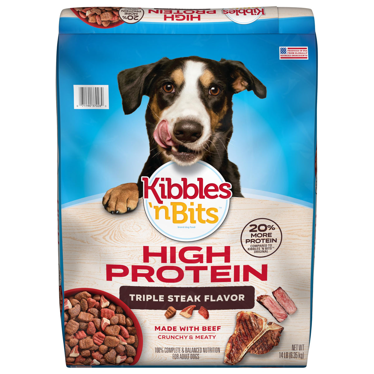 Kibbles 'n Bits Triple Steak sac 14-livre, croquettes savoureuses pour chien actif.
