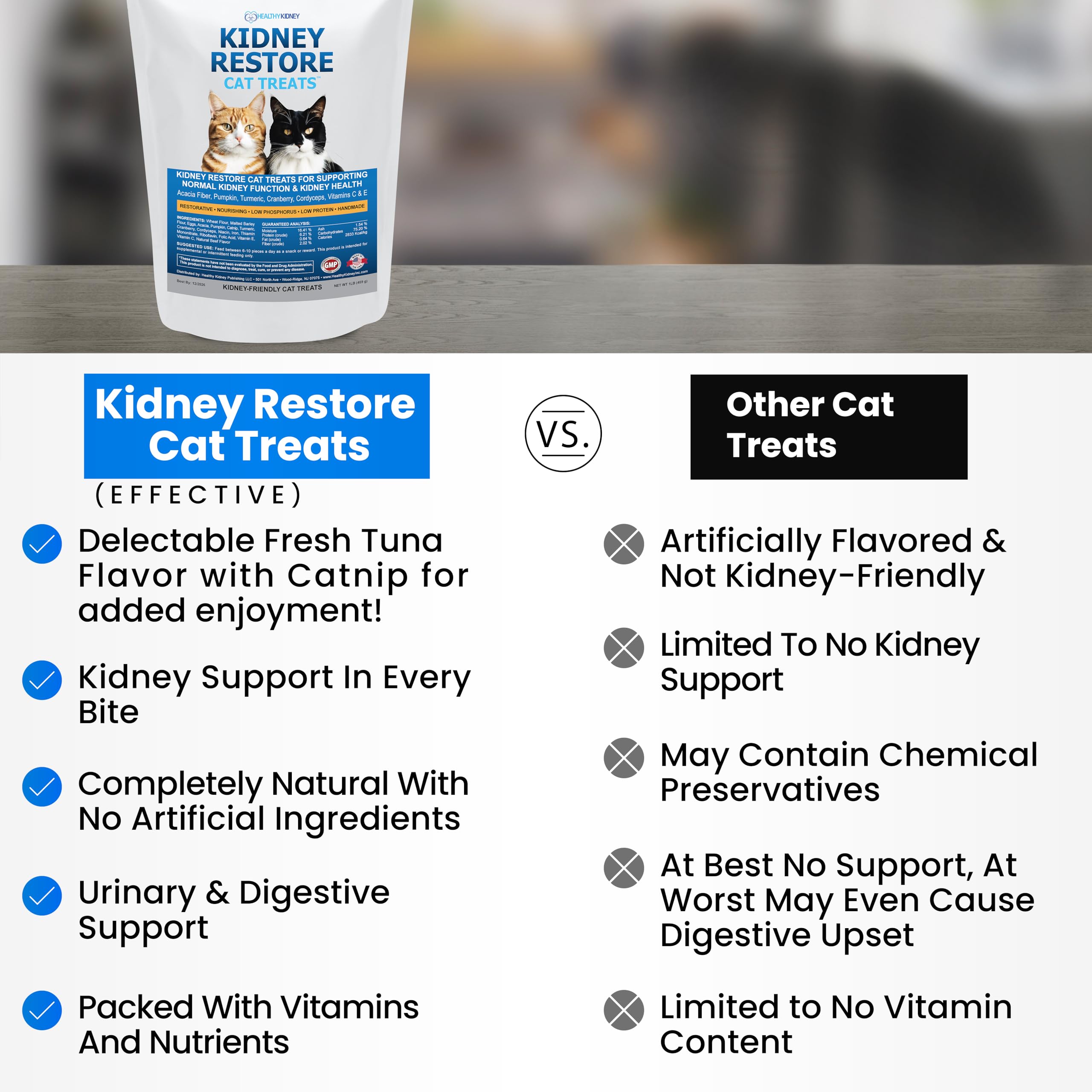 Texture croquante et goût apprécié des chats Kidney Restore.
