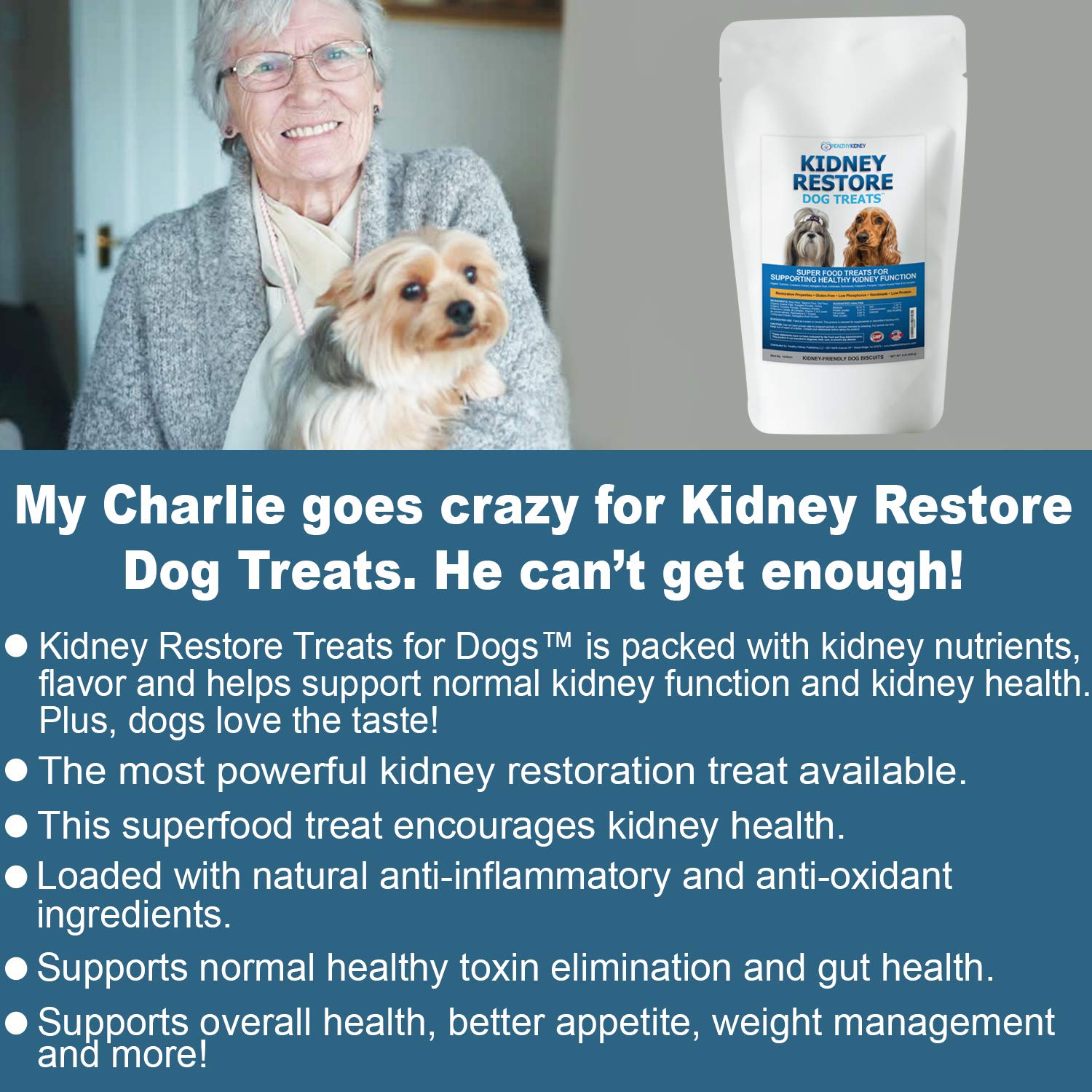 Kidney Restore chien heureux après le snack, soutien quotidien potentiel pour les reins.