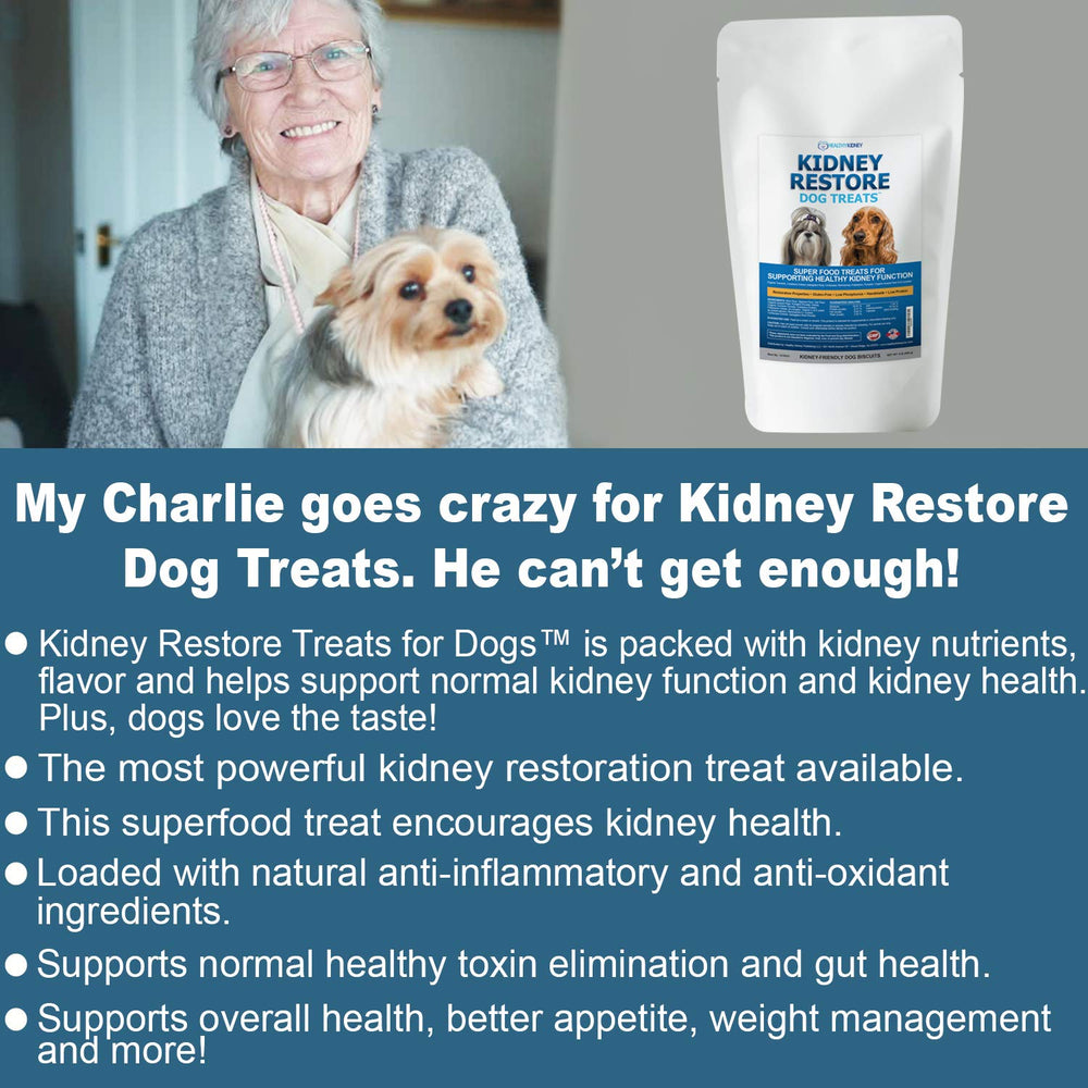 Kidney Restore chien heureux après le snack, soutien quotidien potentiel pour les reins.