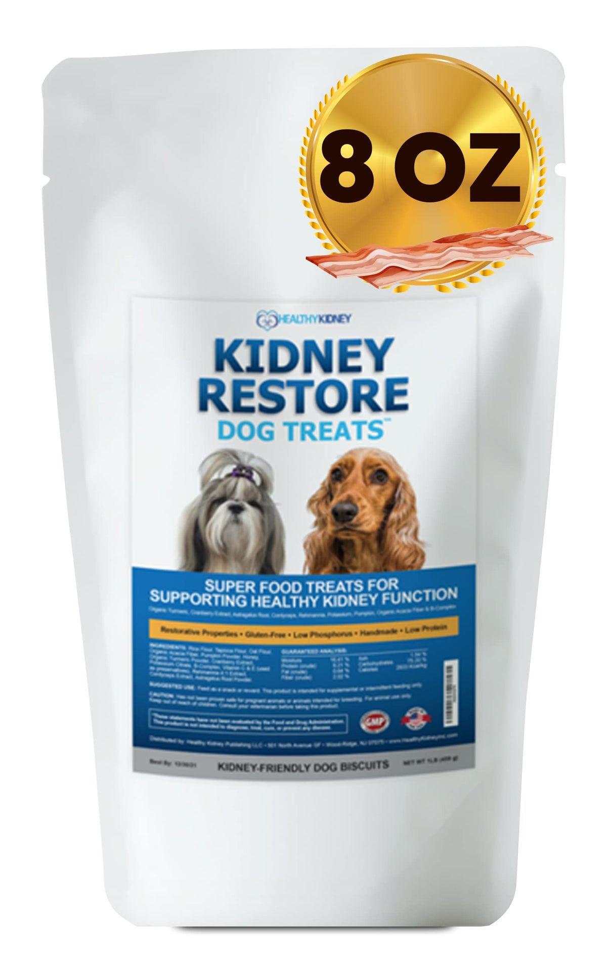 Friandises Kidney Restore bacon pour chien en format 8 oz, récompense pratique