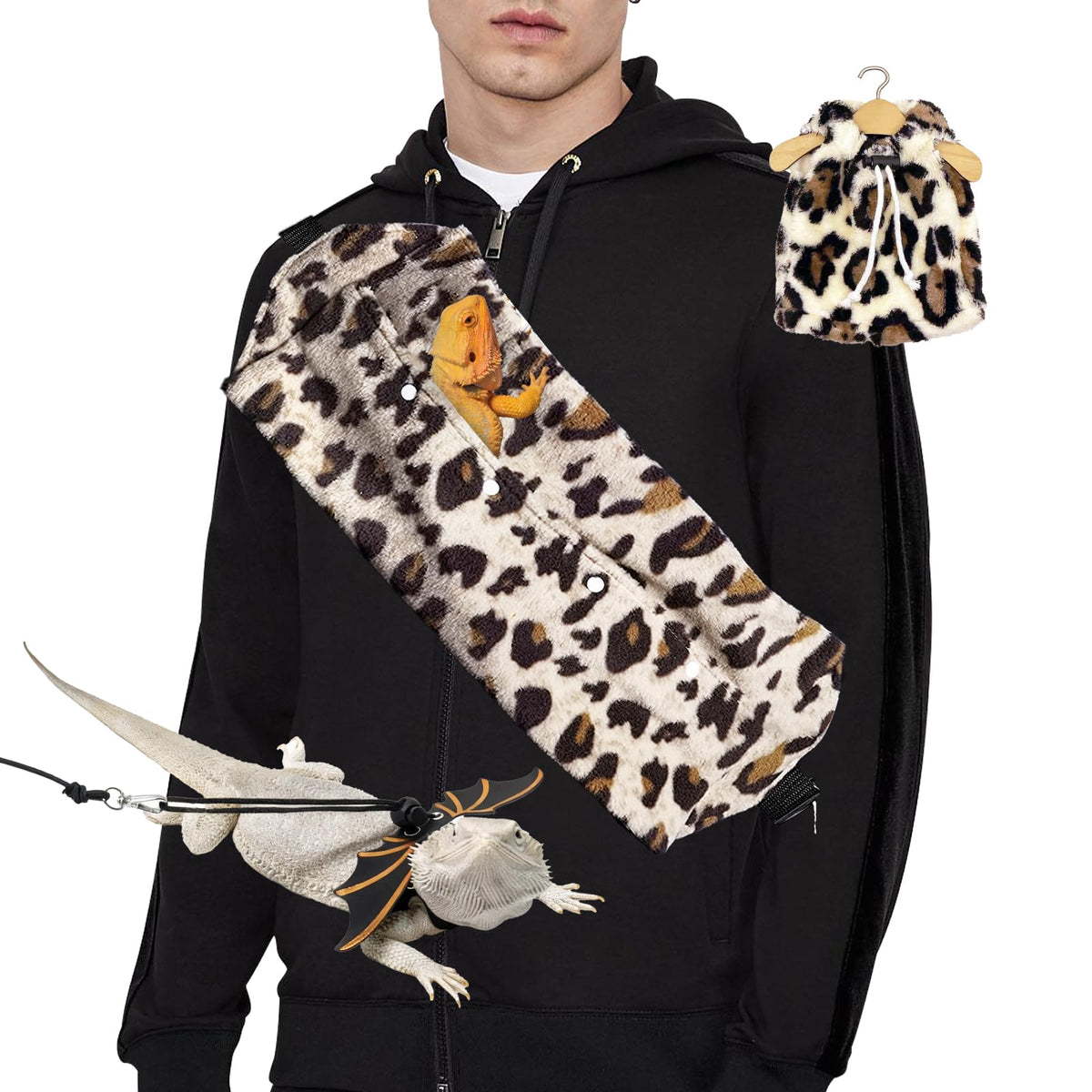Kiiocwev dragon barbu porte-sac imprimé léopard, transport sûr et confortable.