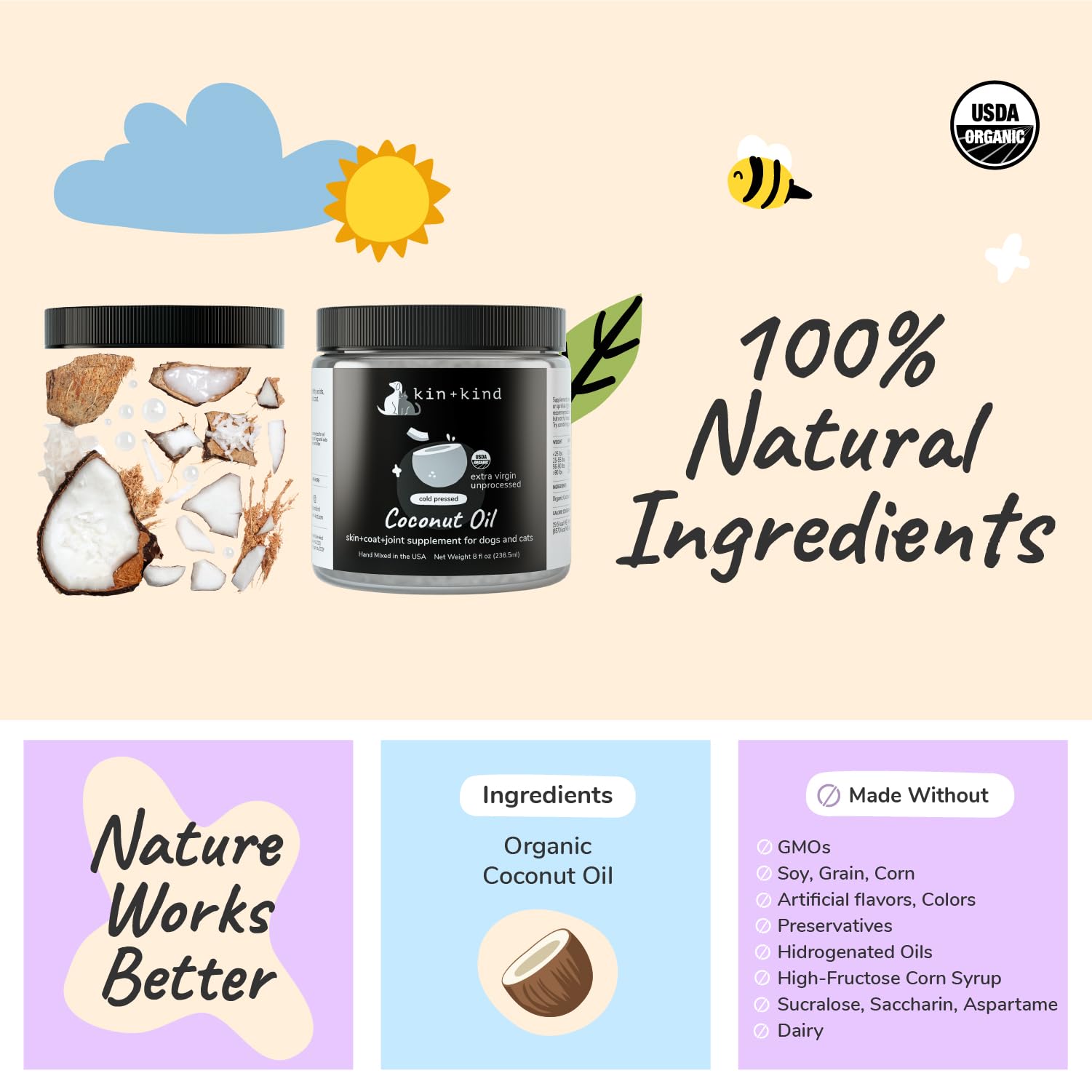 Kin-kind huile coco bio – complément alimentaire pour pelage sain.