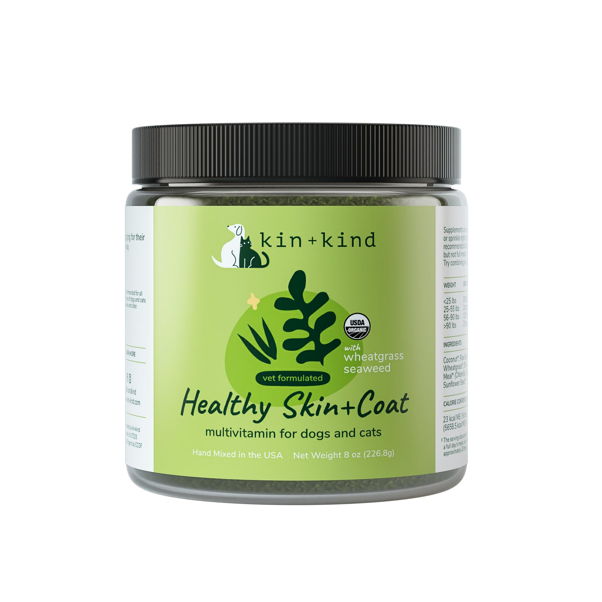 kin+kind Skin and Coat: flacon sur fond blanc, pelage plus brillant et sain.