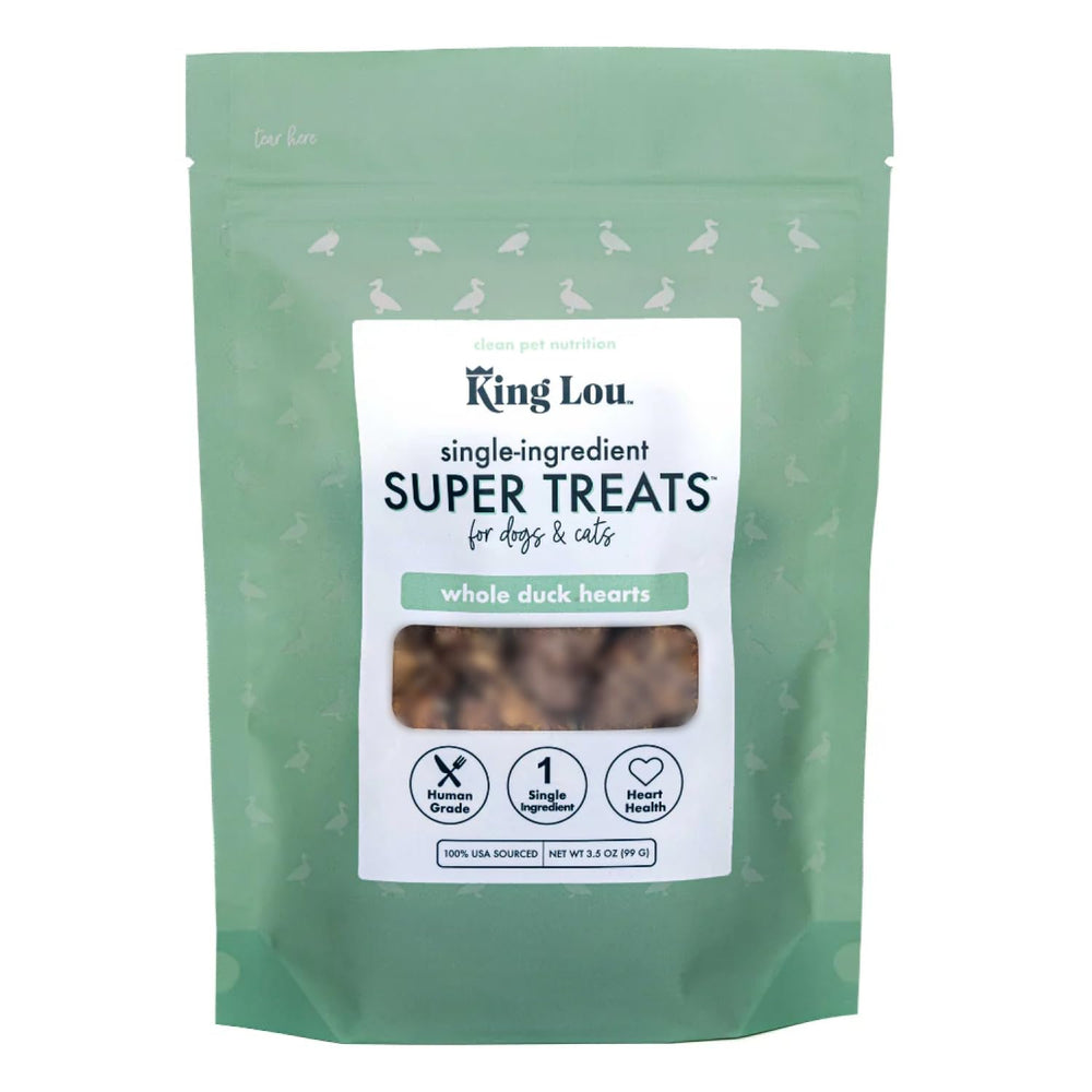 King Lou cœurs de canard lyophilisés emballage, friandise naturelle pour chiens et chats.