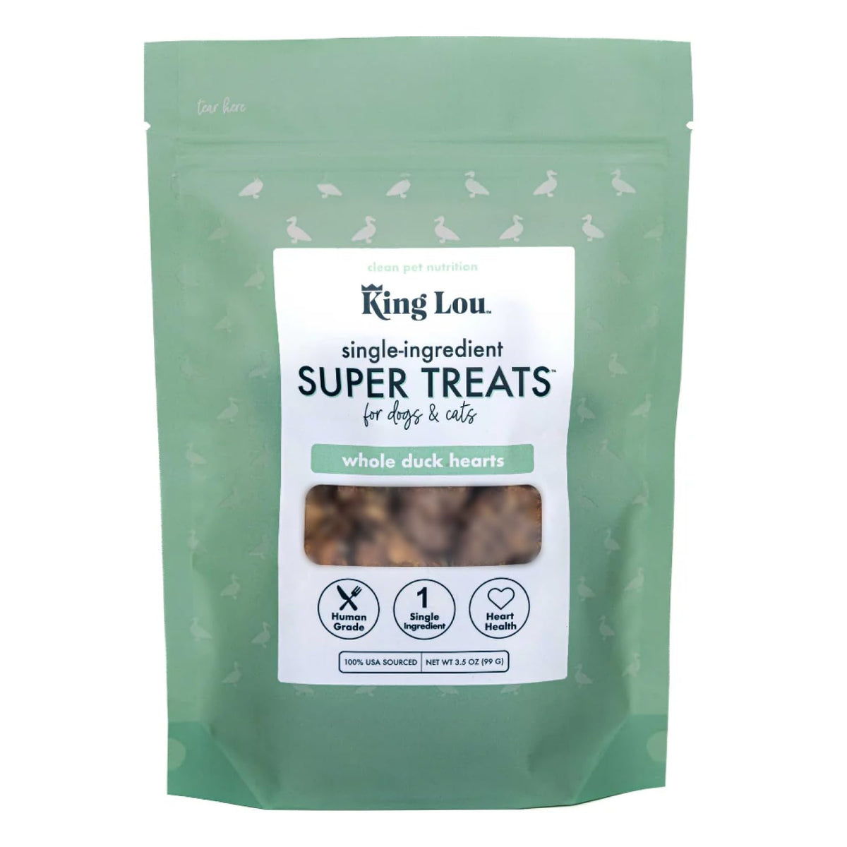 King Lou cœurs de canard lyophilisés emballage, friandise naturelle pour chiens et chats.