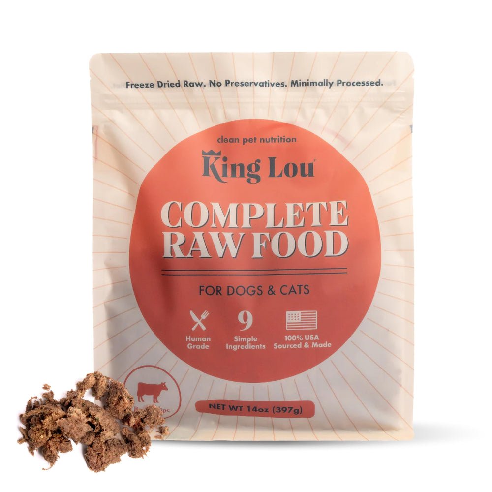 King Lou Pets — emballage du produit prêt à l'emploi, repas complet et facile à servir.