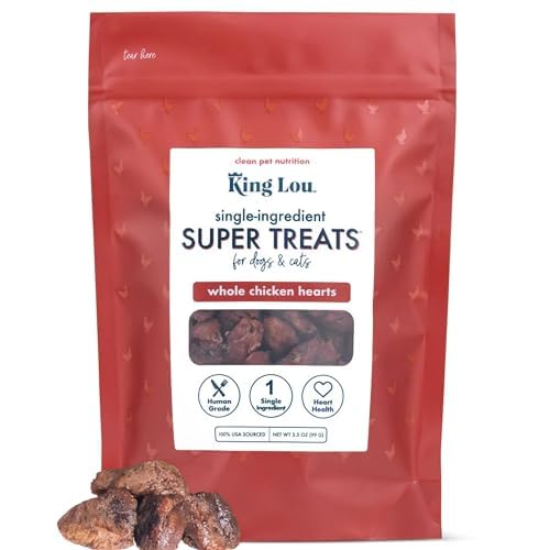 King Lou Pets: coeurs de poulet entiers séchés dans l'emballage, récompense naturelle.