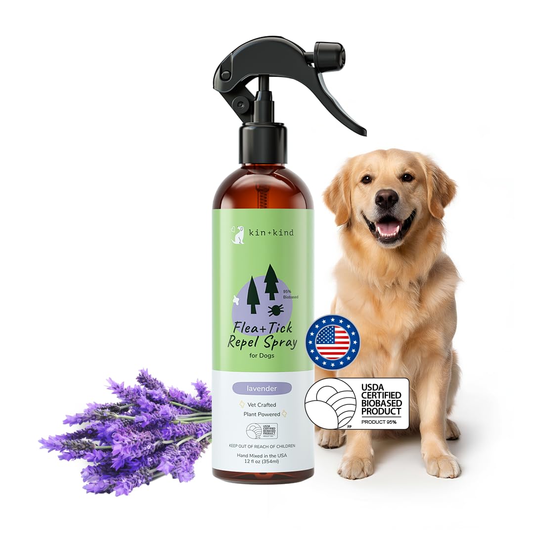 Kin+Kind spray anti-puces pour chien, bouteille prête à l'emploi.
