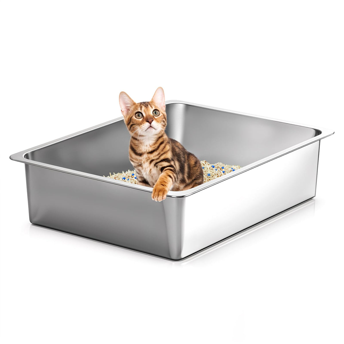 Kirecoo bac à litière en inox, ouverture haute pour accès facile du chat