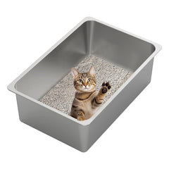 Boîte-litière inox XXL Kirecoo, ouverte, offre espace généreux et accès facilité pour les chats.