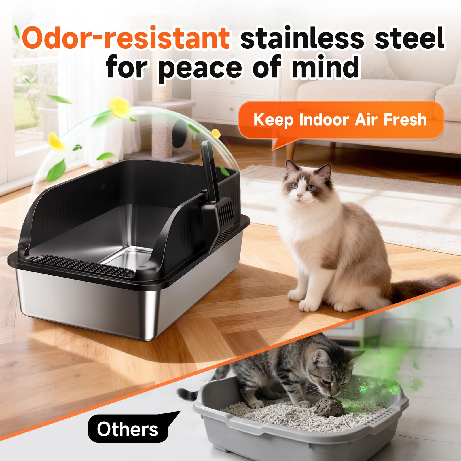 Bac à litière KISENG en inox XL 37 L pour grands chats.