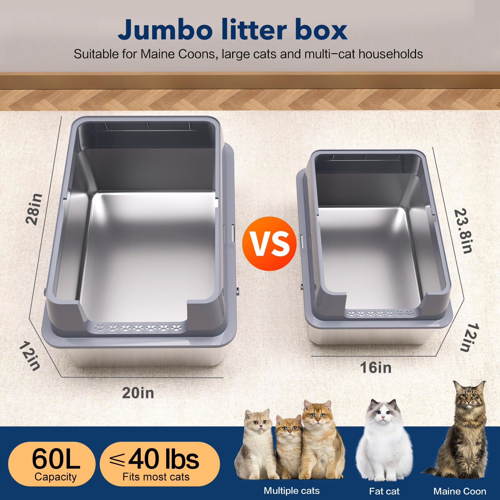 KITCATY bac litière en acier inoxydable, murs hauts de 12 po, réduit les éclaboussures.