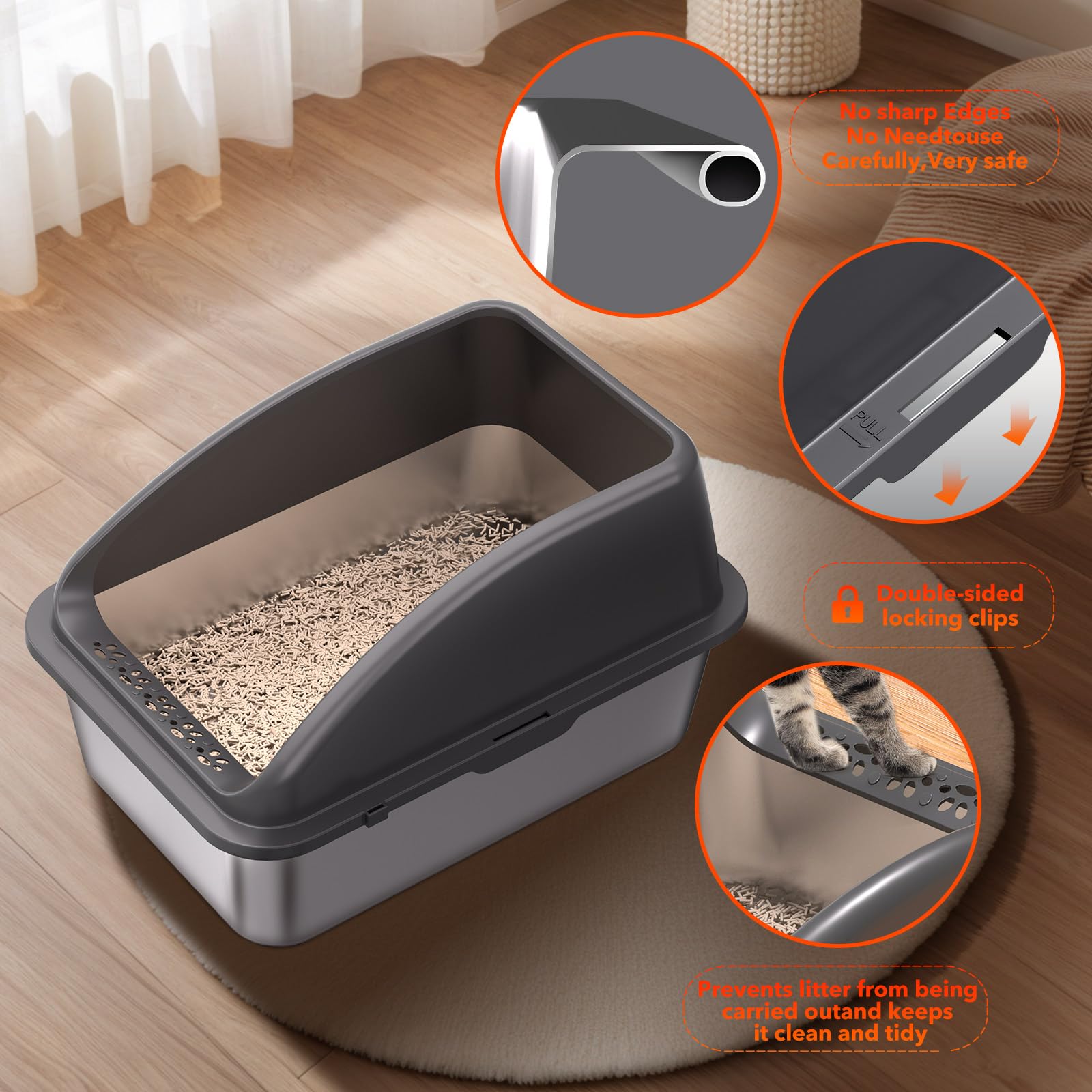 KITCATY bac litière inox surface non adhérente, nettoyage rapide.
