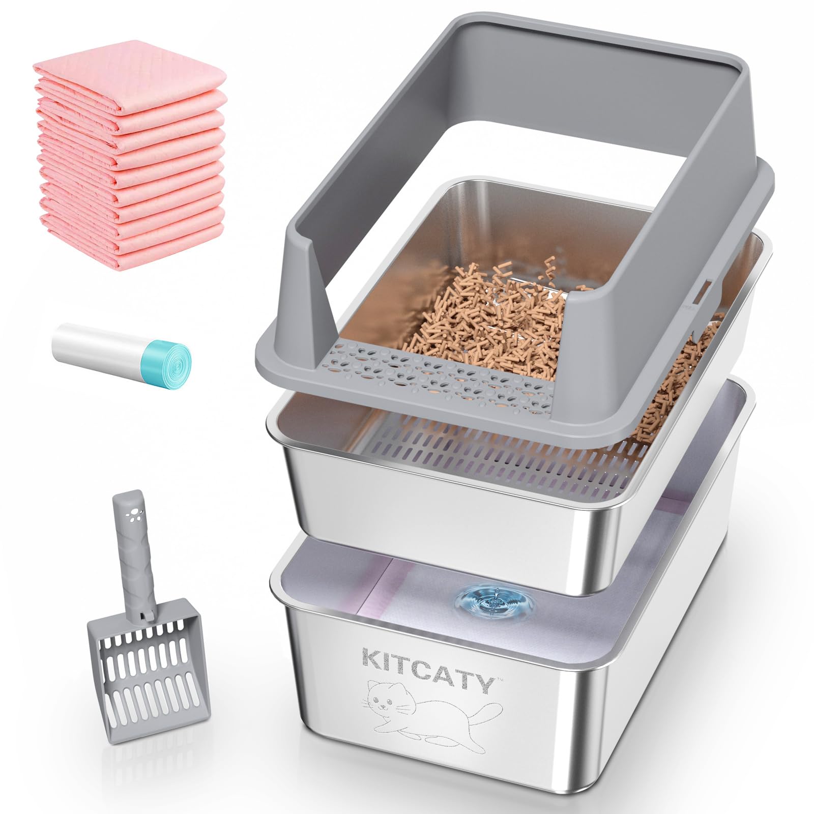 KITCATY litiere inox sifteur chat XXL, dote d un design robuste et pratique