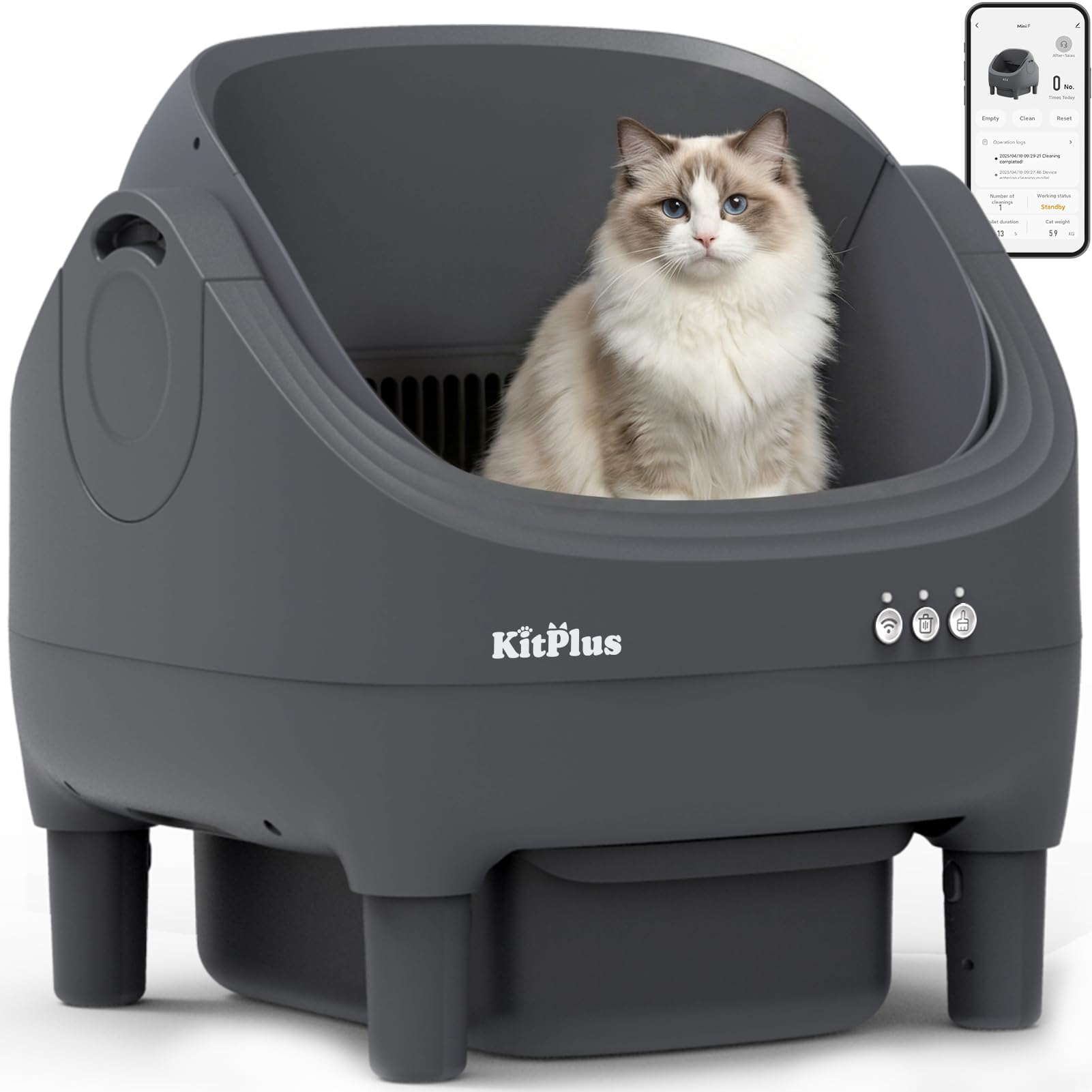 KITPLUS litière automatique avec design ouvert favorisant l'aération et le confort félin