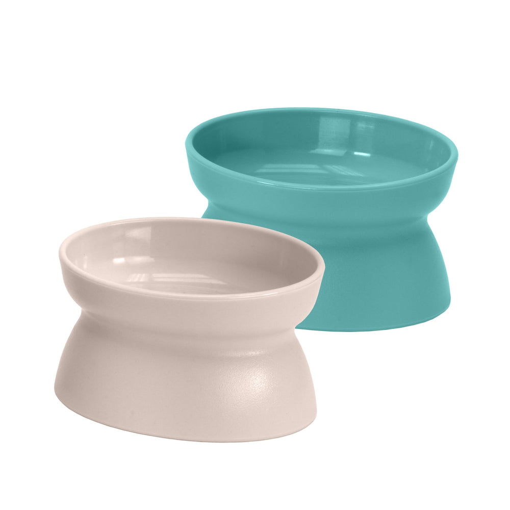 Kitty City : ensemble de bols surélevés turquoise et rose clair, confort lors des repas.