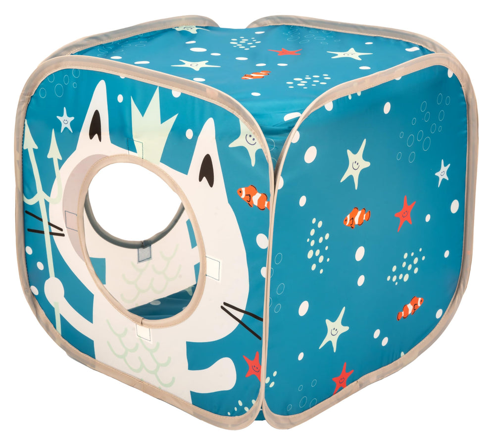 Kitty City Ocean Cube - face avant avec espace de jeu réconfortant pour chats.