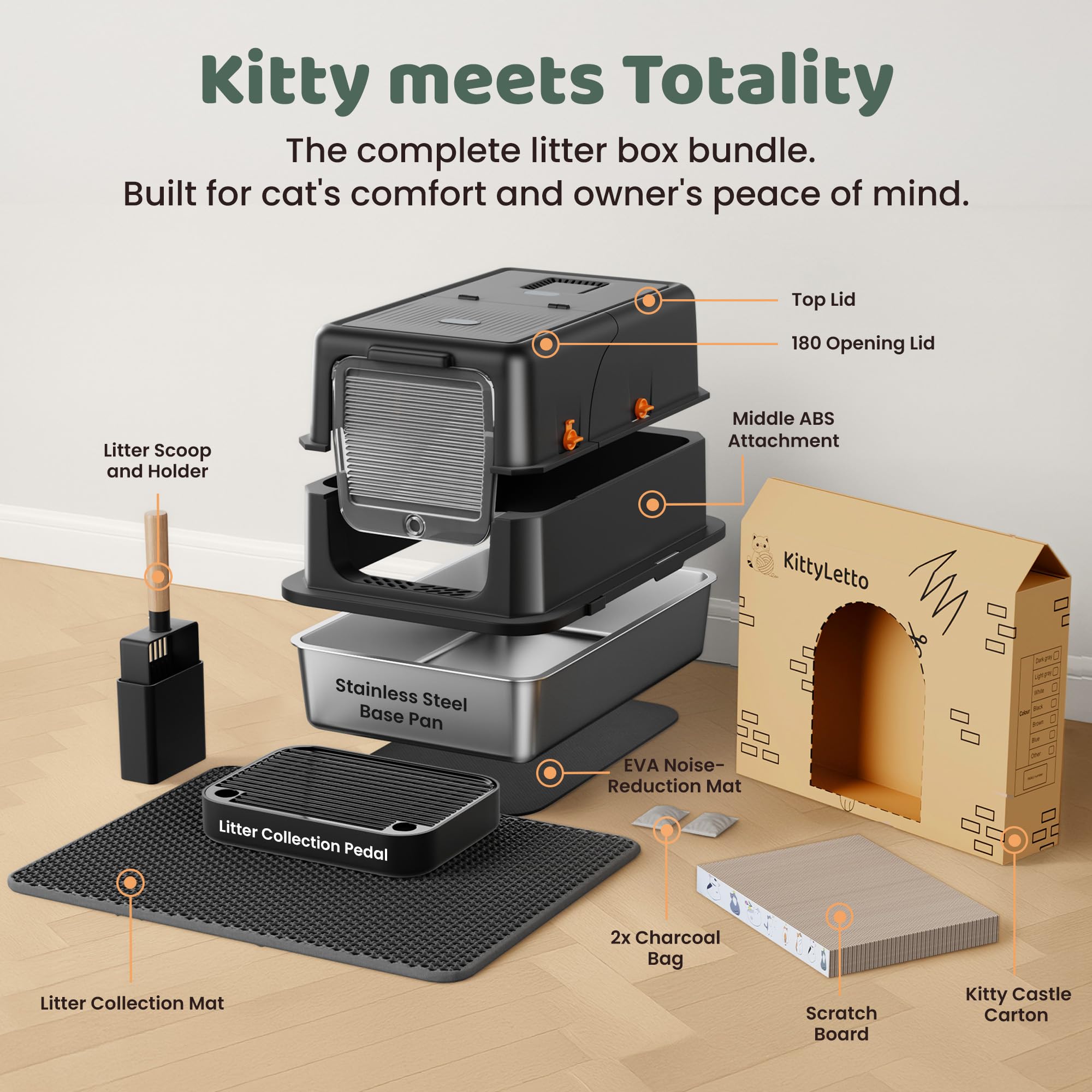 KittyLetto boite-litiere ouvert grand format, espace libre pour grands chats.