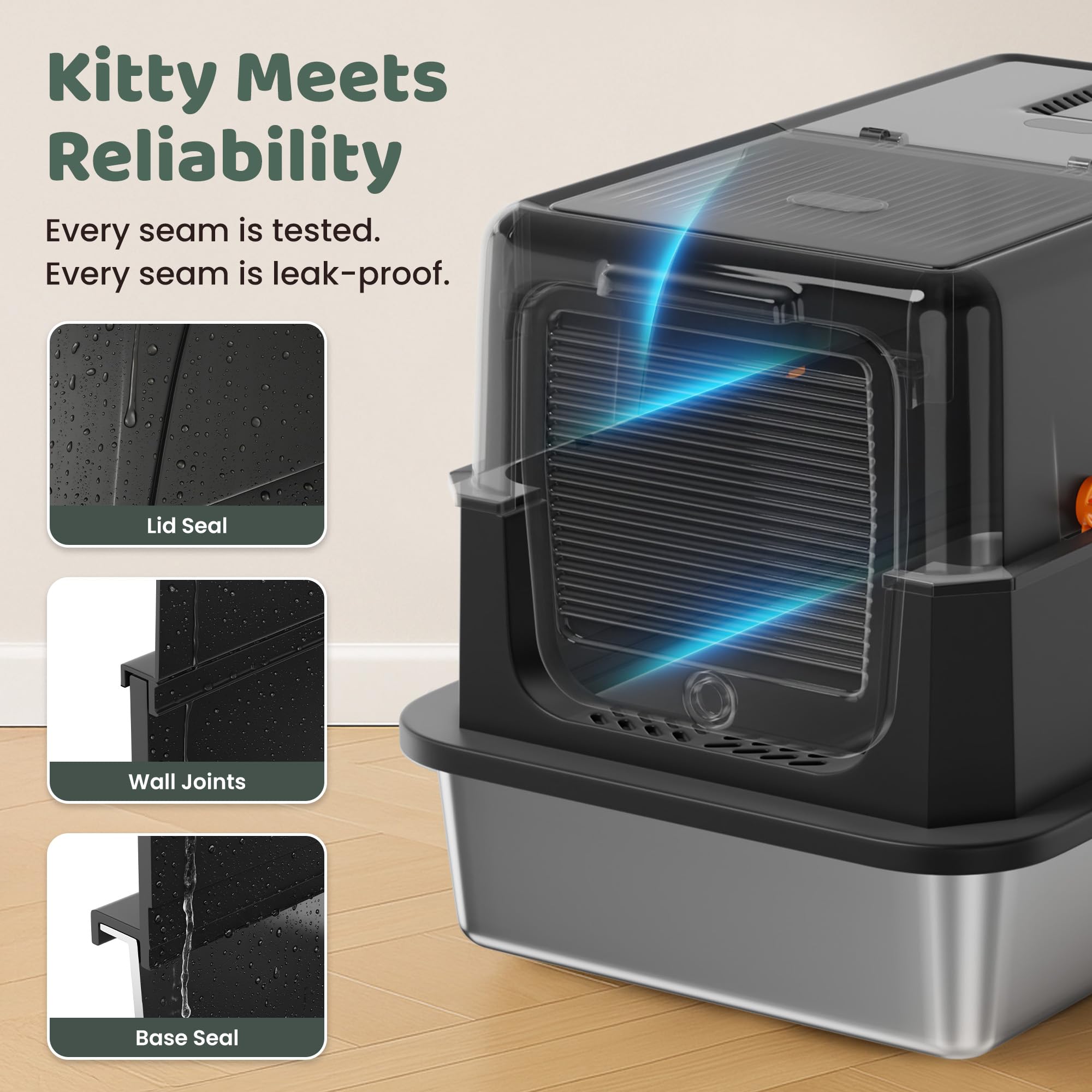 KittyLetto boite-litiere inox noir porte 180° pour nettoyage rapide.