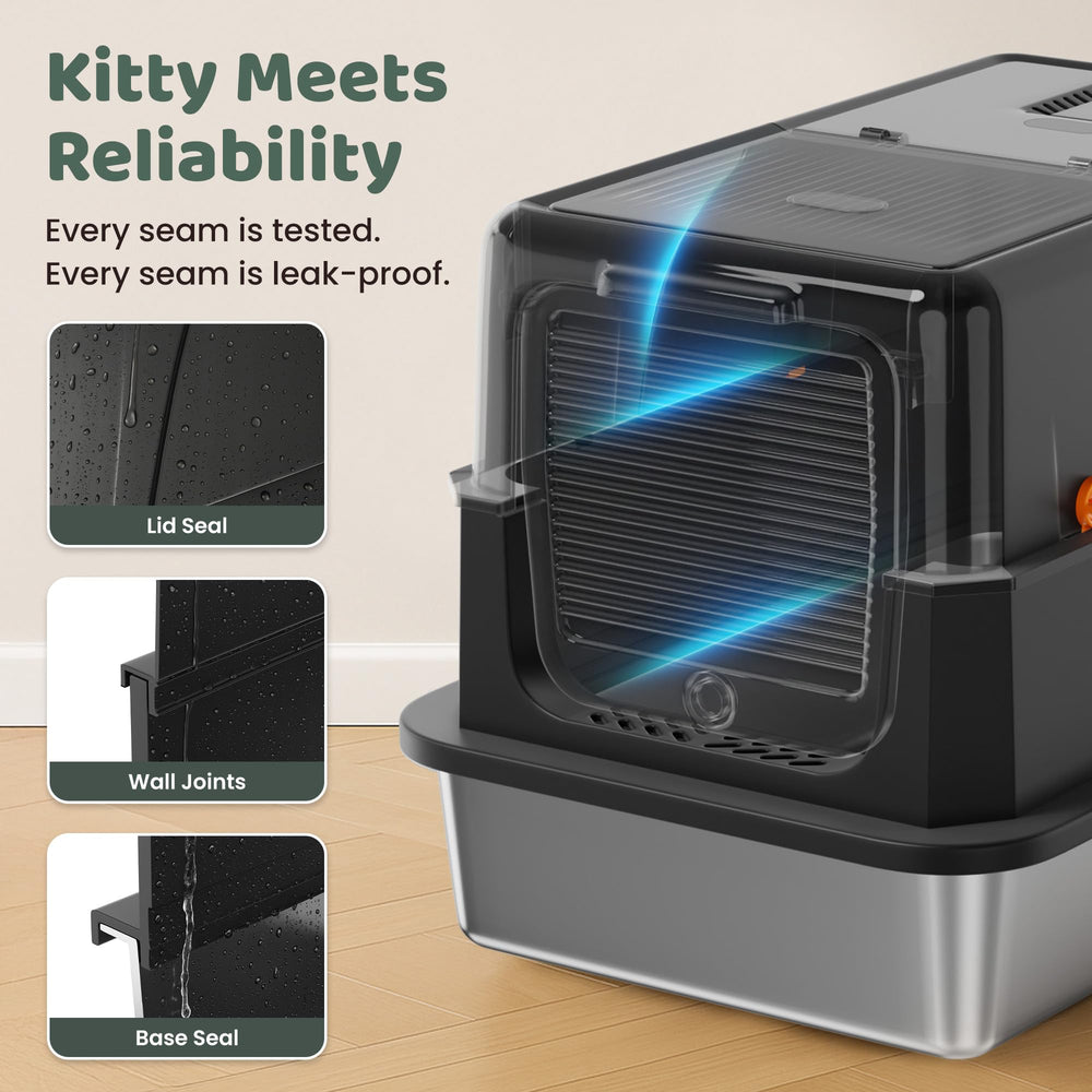 KittyLetto boite-litiere inox noir porte 180° pour nettoyage rapide.
