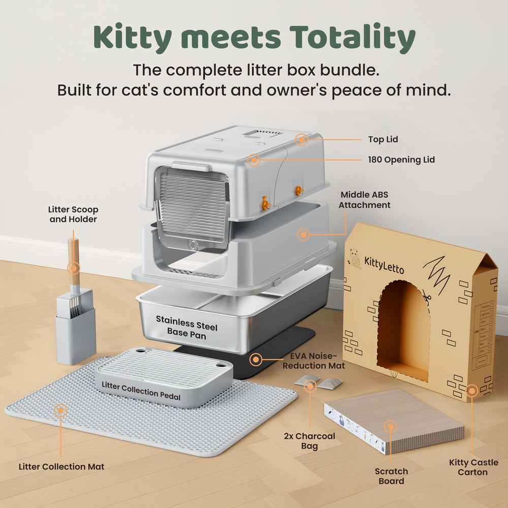 KittyLetto litière acier XL, dimensions généreuses pour grands chats.