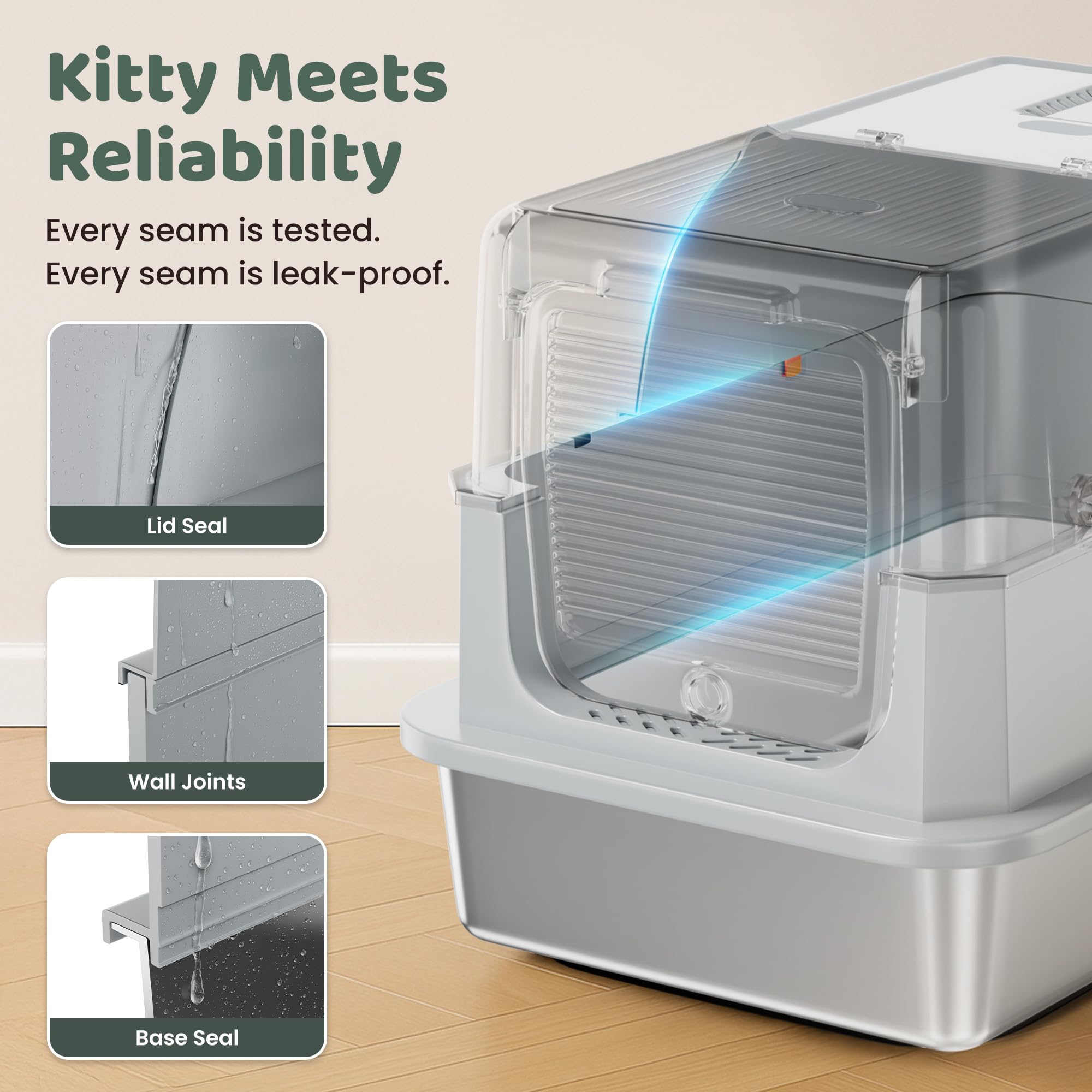 KittyLetto litière en acier ouverte grand format, espace généreux pour chats actifs.